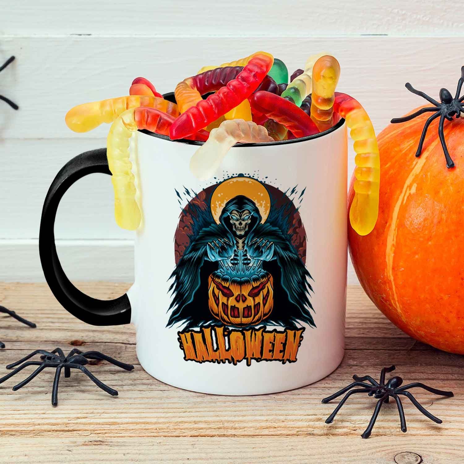 GRAVURZEILE Tasse mit Motiv im Halloween Reaper Design, Keramik, Farbe: Schwarz & Weiß