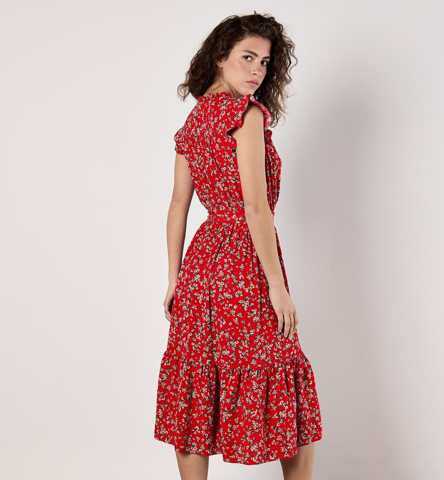 Apricot Midikleid Geblümtes Bardot-Maxikleid mit Smokdetails