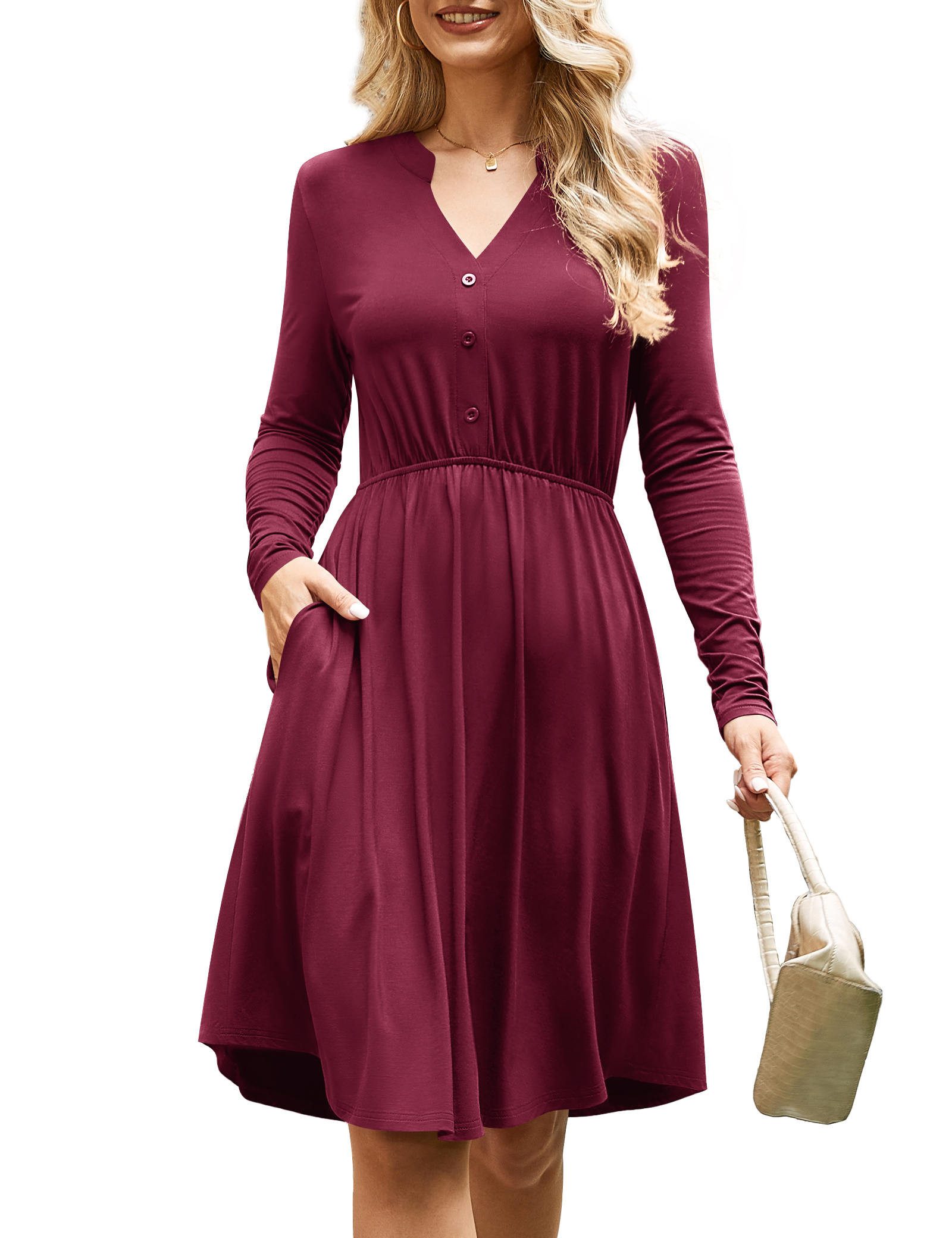 Beluring Midikleid Kleid mit V-Ausschnitt, lässiges herbstliches Langarmkleid Langärmeliges Kleid mit V-Ausschnitt Midikleid in A-Linie