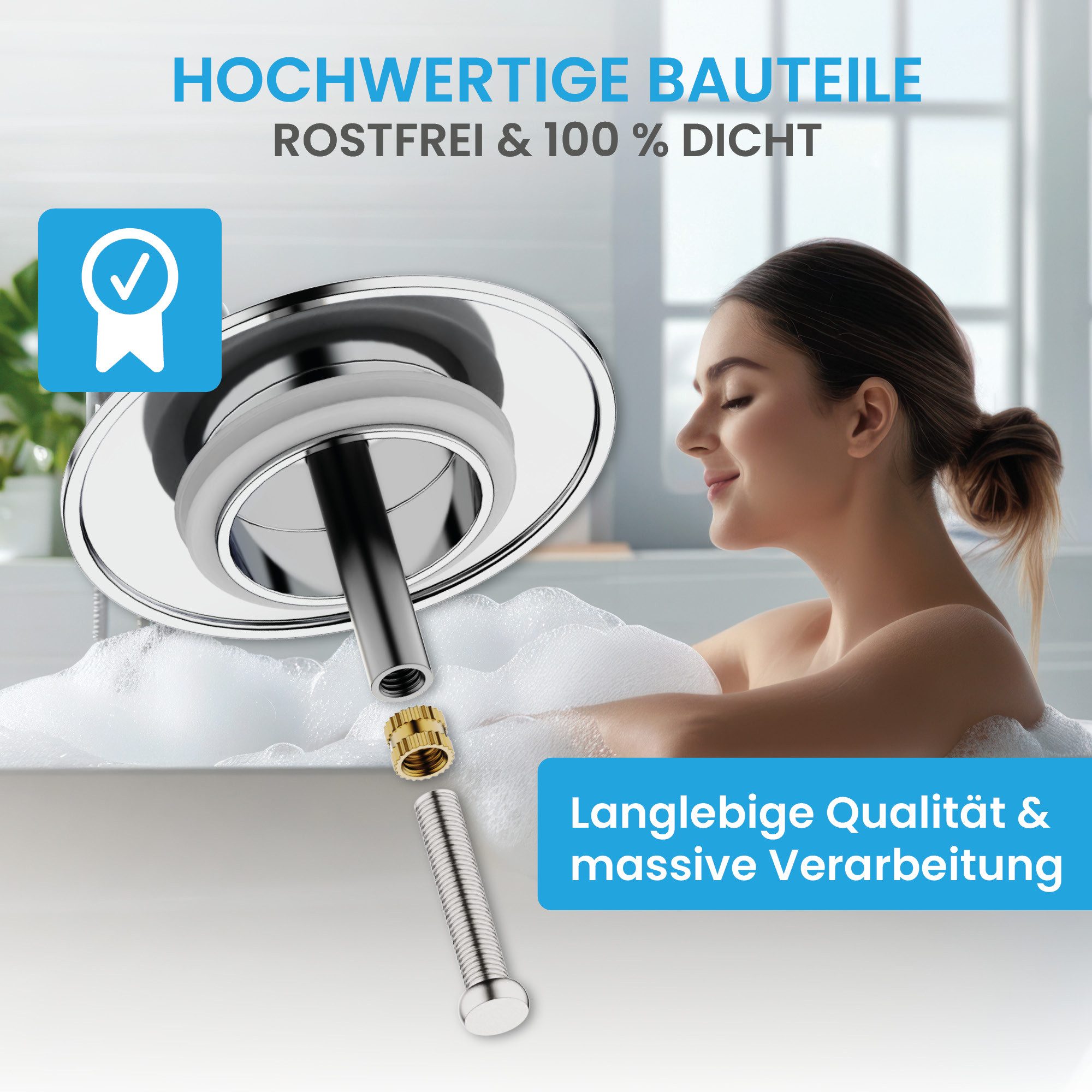 Bächlein Badewannenstöpsel Hochwertiger Badewannenstopfen mit Excenterverschluss, (Chrom), Ablaufgarnitur für jede Badewanne inkl. Dichtungen