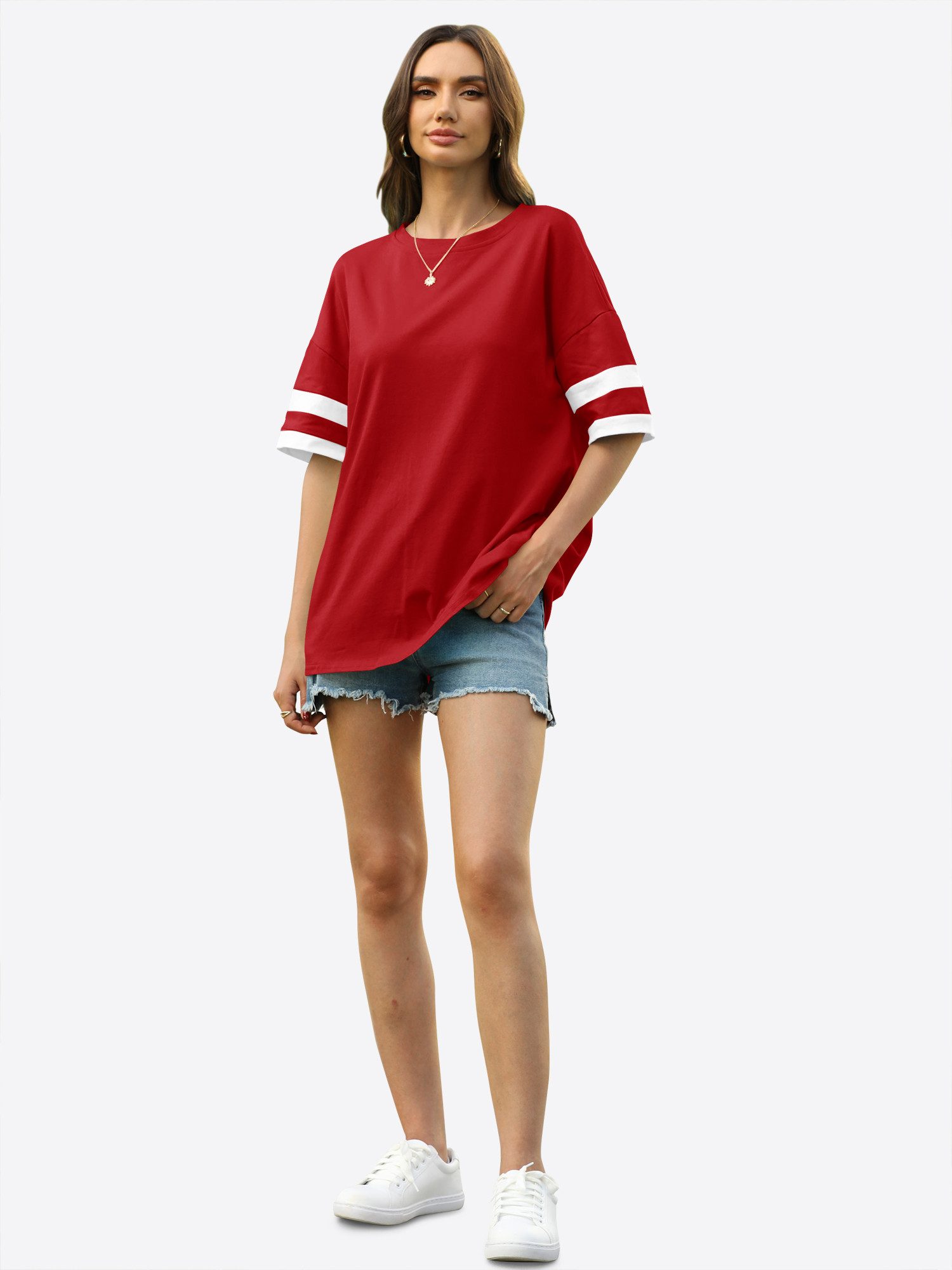 Imily Bela Kurzarmshirt Oversized T-Shirt Rundhalsausschnitt Loose Lässig (Packung, 1-tlg., 1per-Pack) mit Kontraststreifen an den Ärmeln