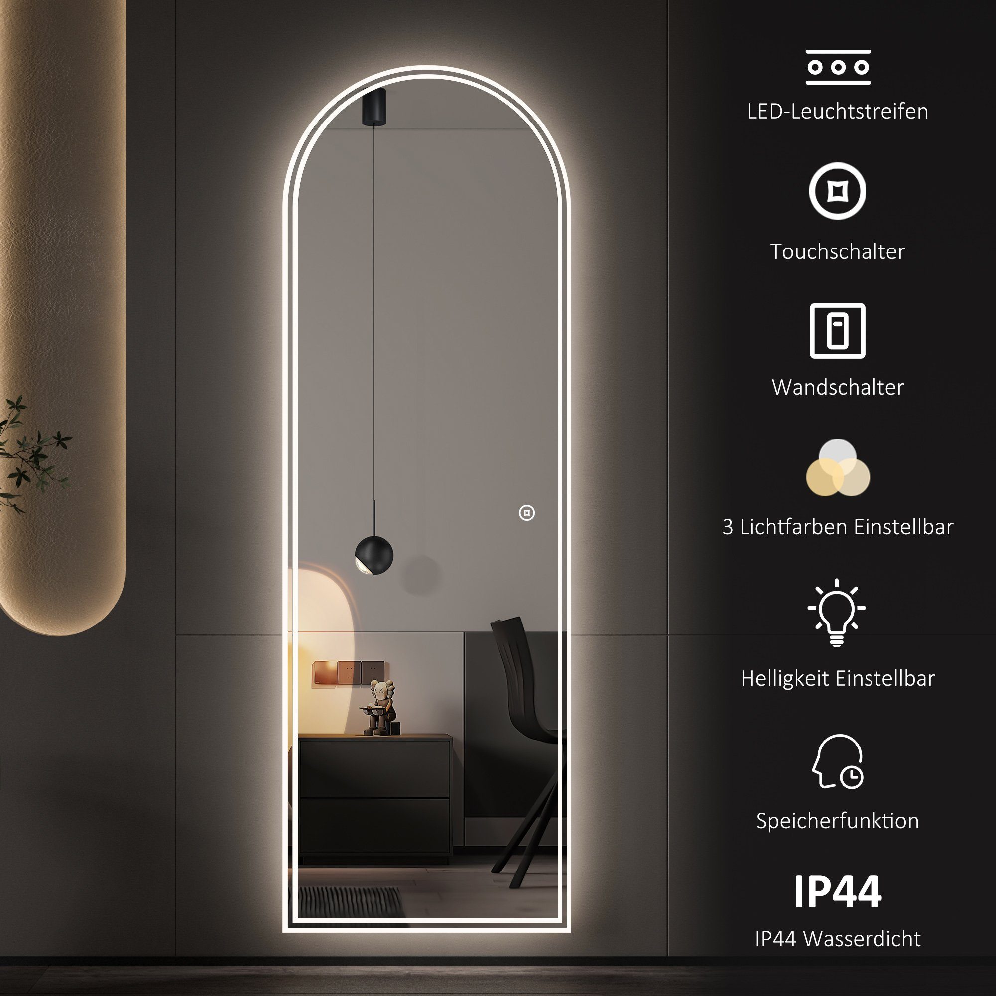 WDWRITTI Ganzkörperspiegel ohne rahmen 165x60cm LED Ganzkörperspiegel groß Flurspiegel Modern (Wandspiegel mit beleuchtung groß, Dimmbar, Kalt/Neutral/Warmweiß, – Bild 4 von 5