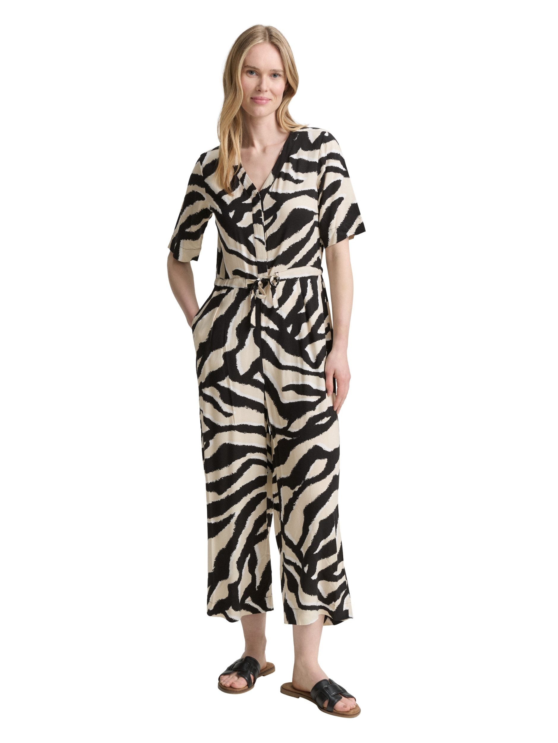 TOM TAILOR Blusenkleid overall v-neck with belt abstract beige zebra