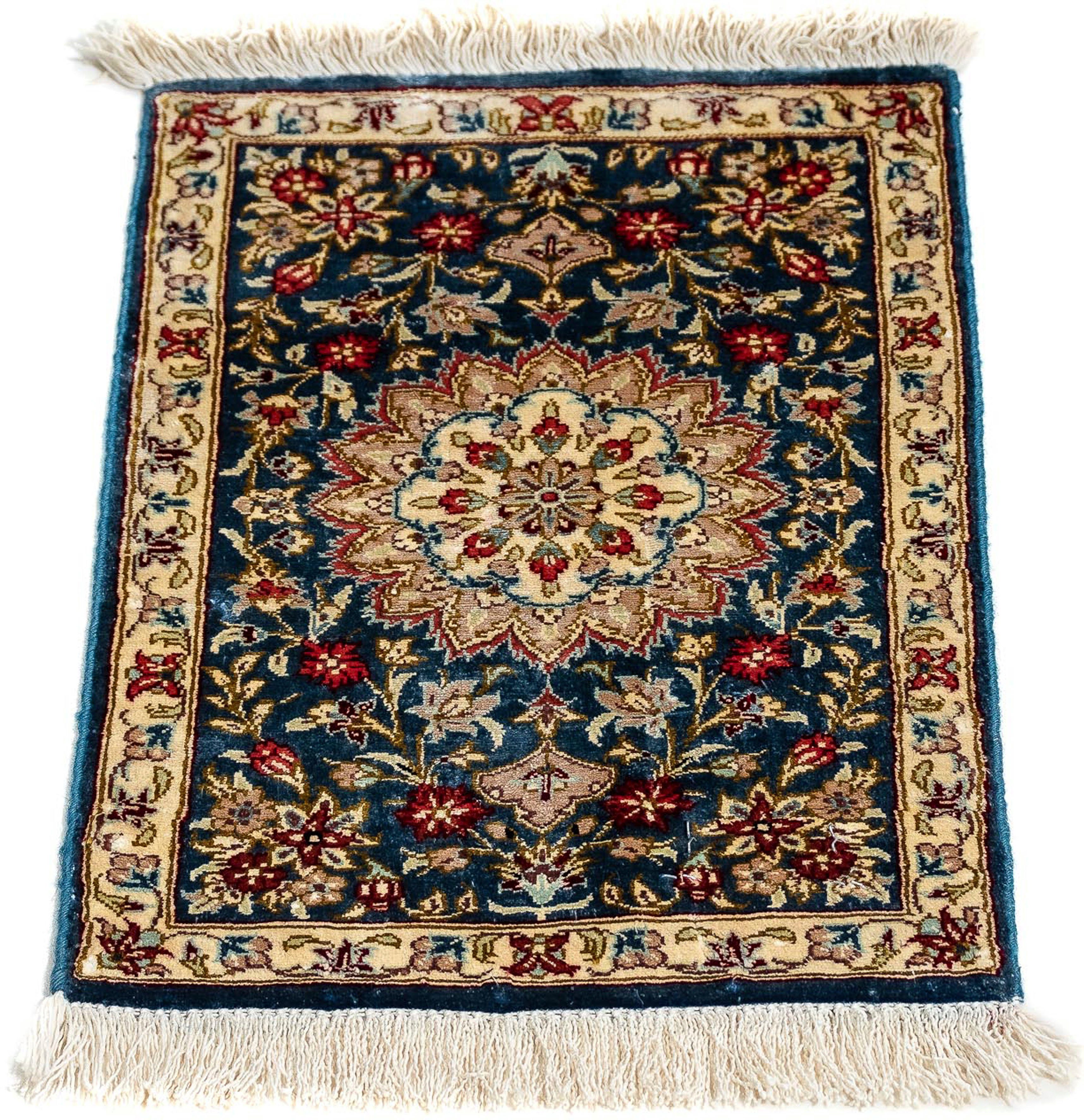 Seidenteppich Seidenteppich - Ghom Seide - Premium - 44 x 27 cm - dunkelblau, morgenland, rechteckig, Höhe: 10 mm, Wohnzimmer, Handgeknüpft, Einzelstück mit Zertifikat | Kurzflor-Teppiche