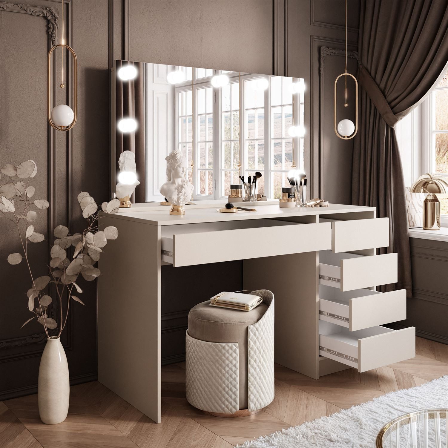 Lookway Schminktisch MADA ELITE KASCHMIR mit Spiegel und LED Beleuchtung (1x Schreibtisch 1x Spiegel), Breite: 120 cm