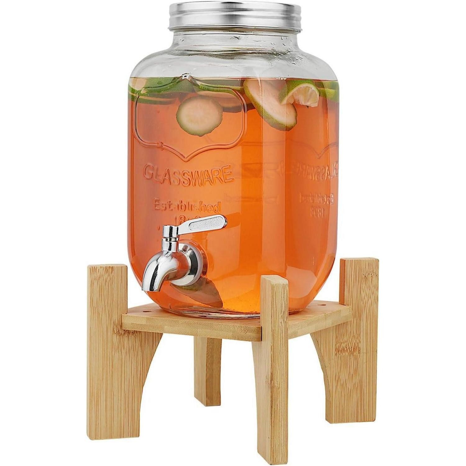 LuxusKollektion Wasserkrug 4L Getränkespender mit Ständer und Zapfhahn aus Edelstahl, Glasflasche