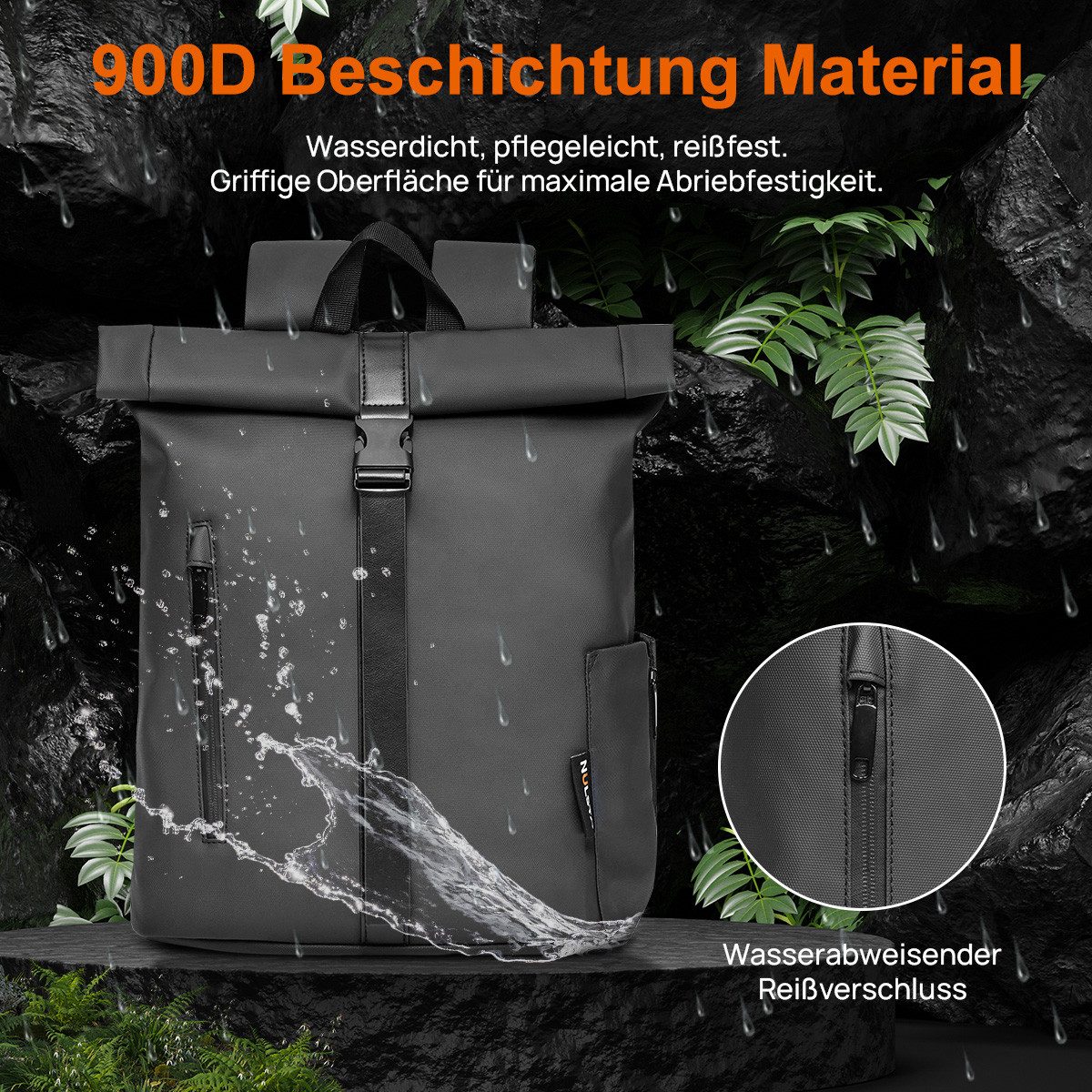 NULSTA Rucksack Rolltop Rucksack Wasserdicht Damen & Herren Daypack Freizeitrucksack, 30*15*40cm,Cityrucksack,Tourenrucksack,Schulrucksack