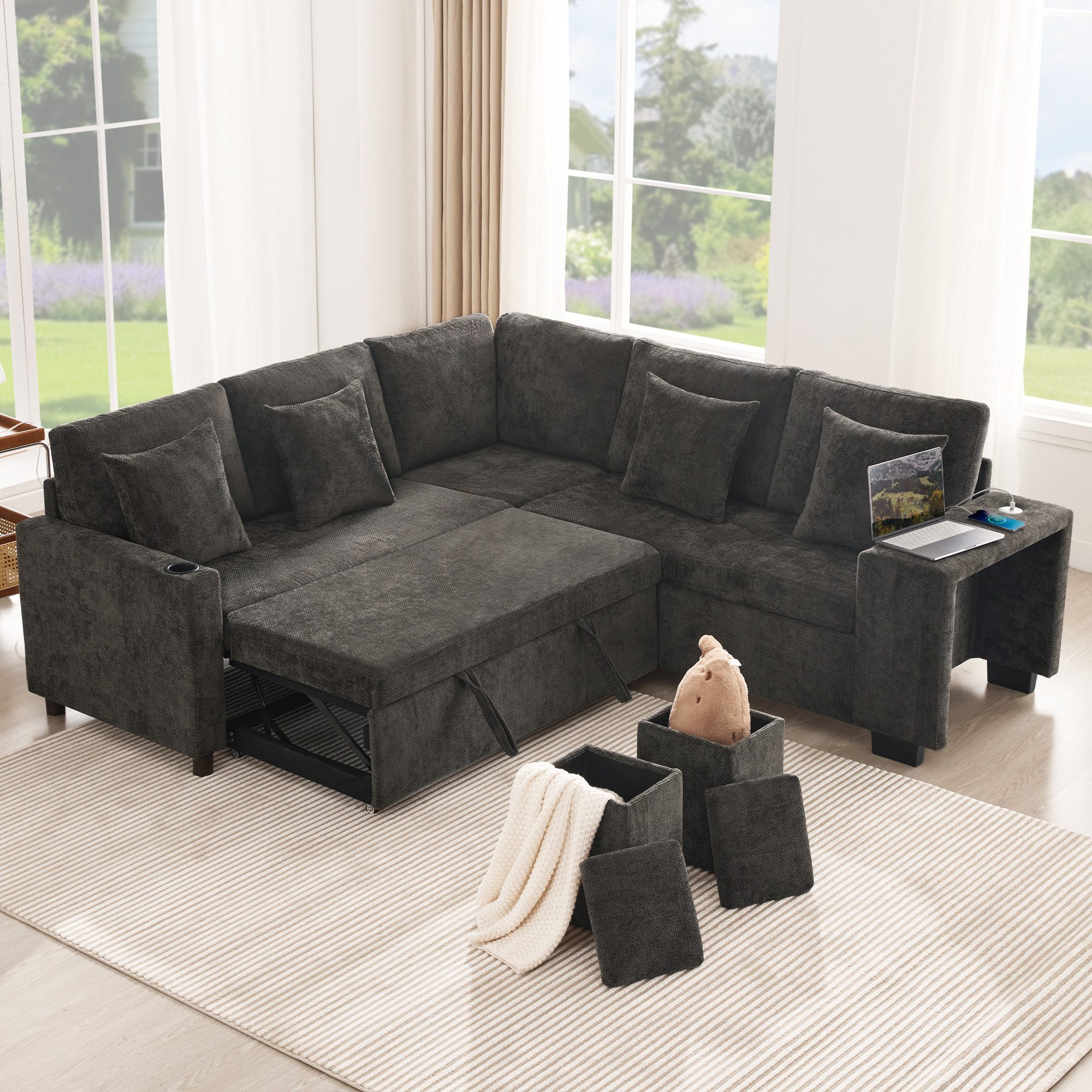 HAUSS SPOLE Schlafsofa mit Schlaffunktion,Ecksofa Loungesofa Getränkehalter & Kissen,Grau, Relaxsofa mit großzügiger versteckter Stauraum, Ideal für Wohnzimmer und Heimkino