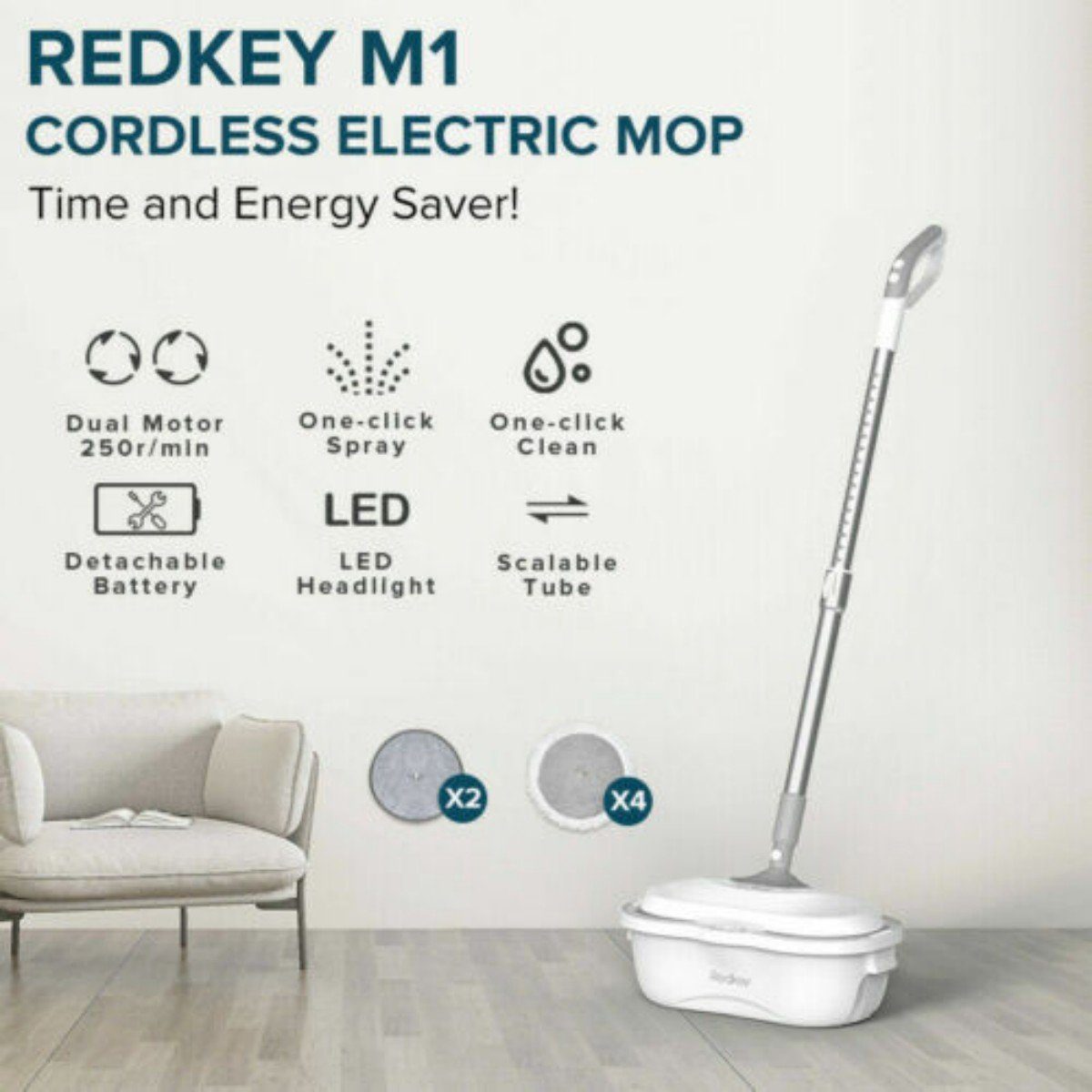 Redkey Akku-Wischmopp M1, 60,00 Abwasser, mAh kabelloser Wischmopp, 2200 W, Frisch- Elektro-Mopp, selbstreinigender von beutellos,Trennung LED, und