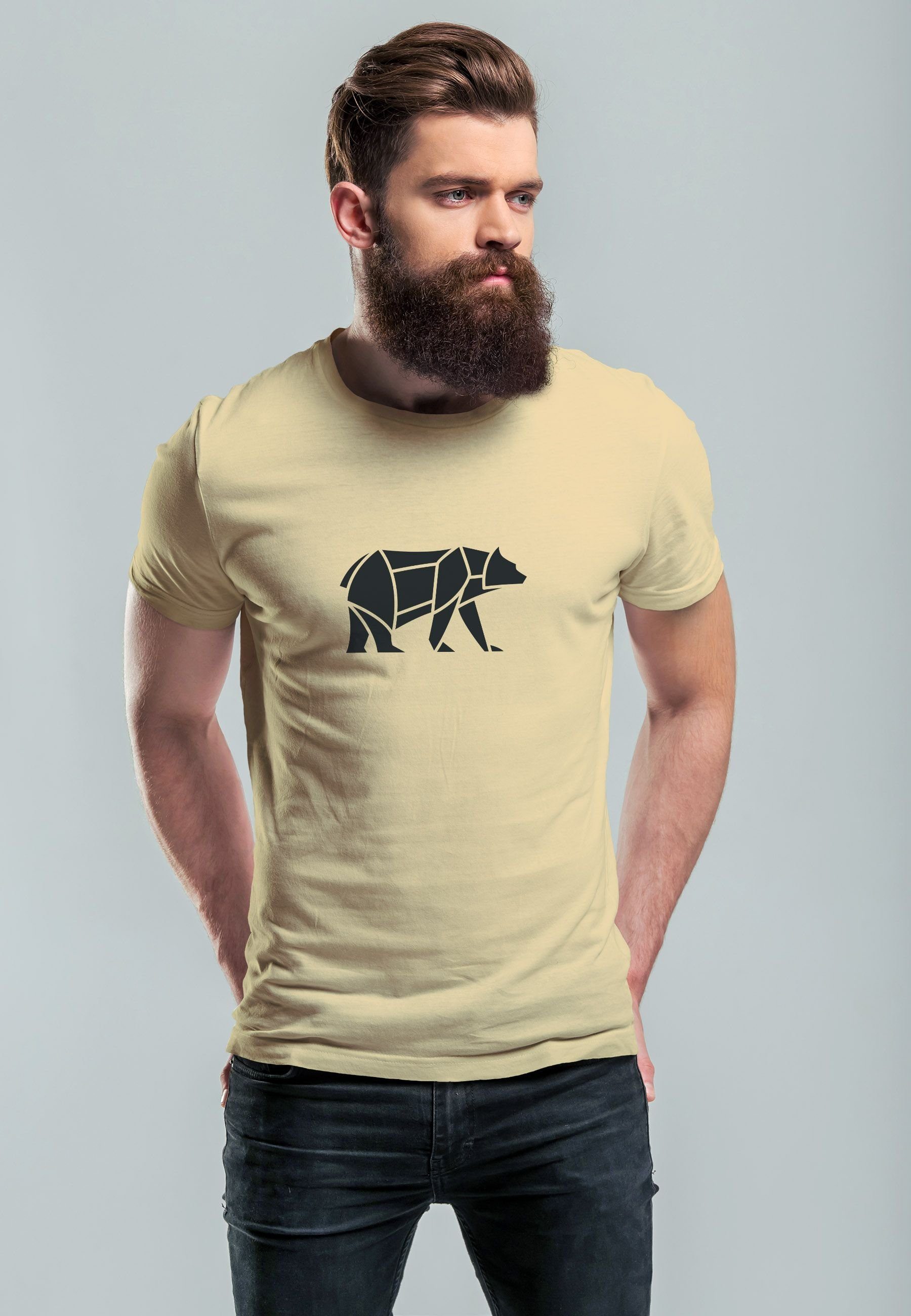 Print T-Shirt Tiermotiv 1 Neverless Herren natur Outdoor Polygon mit Print Polygon Bear Fashion Bär Print-Shirt Design