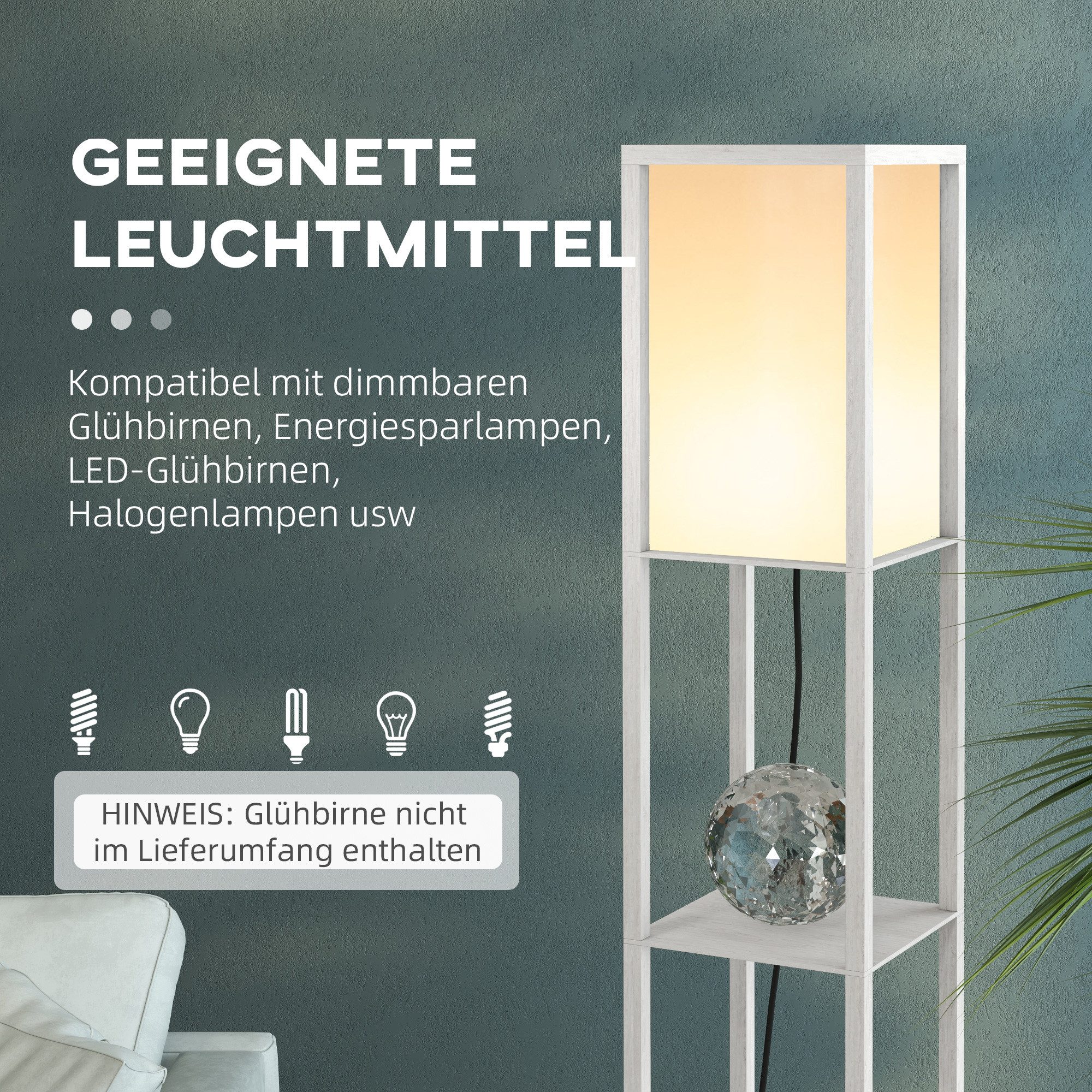 HOMCOM Stehlampe Stehleuchte mit Regalen für Wohn-/Schlafzimmer, Ein-,Ausschalter, ohne Leuchtmittel, Holz Weiß 26 x 26 x 160 cm