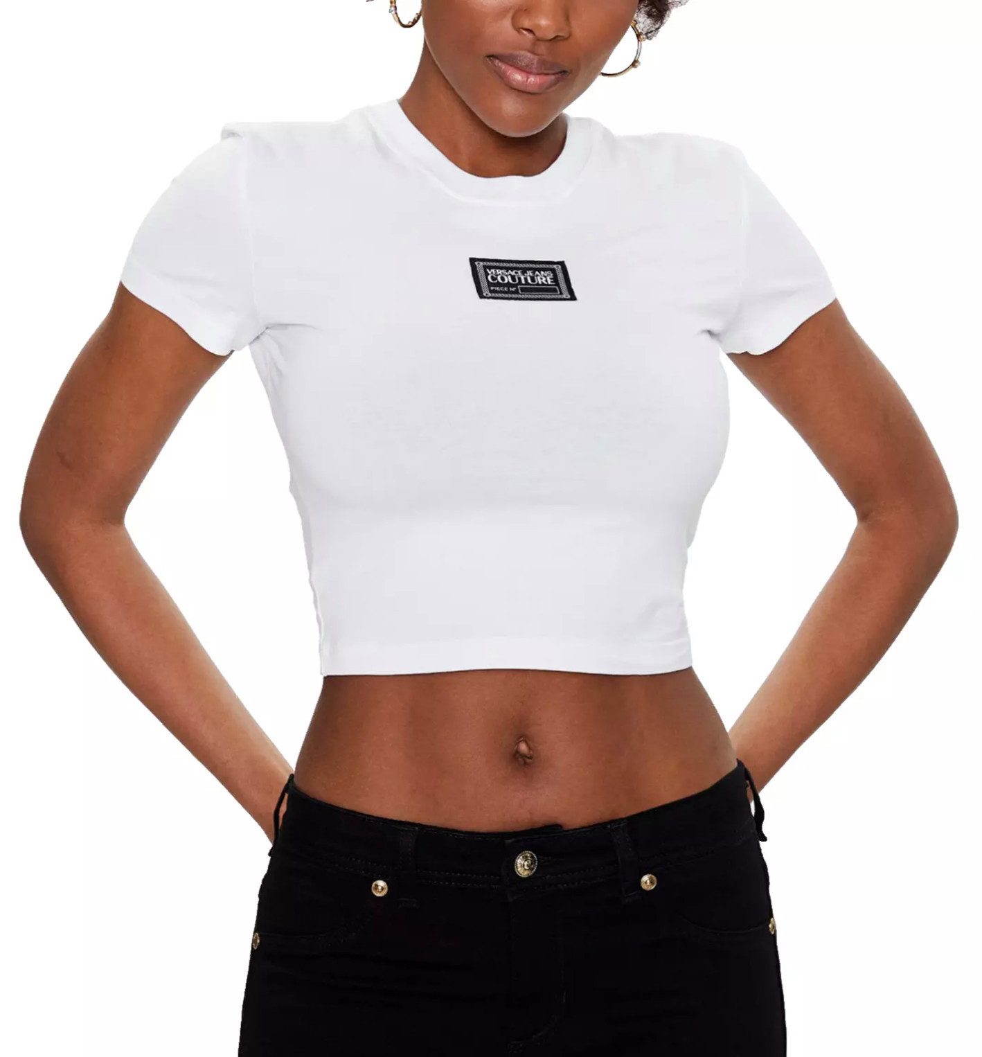 Versace Jeans Couture Crop-Top Retro T-Shirt Slim Fit Kontrastfarbenes Logo-Patch, hochwertige Verarbeitung