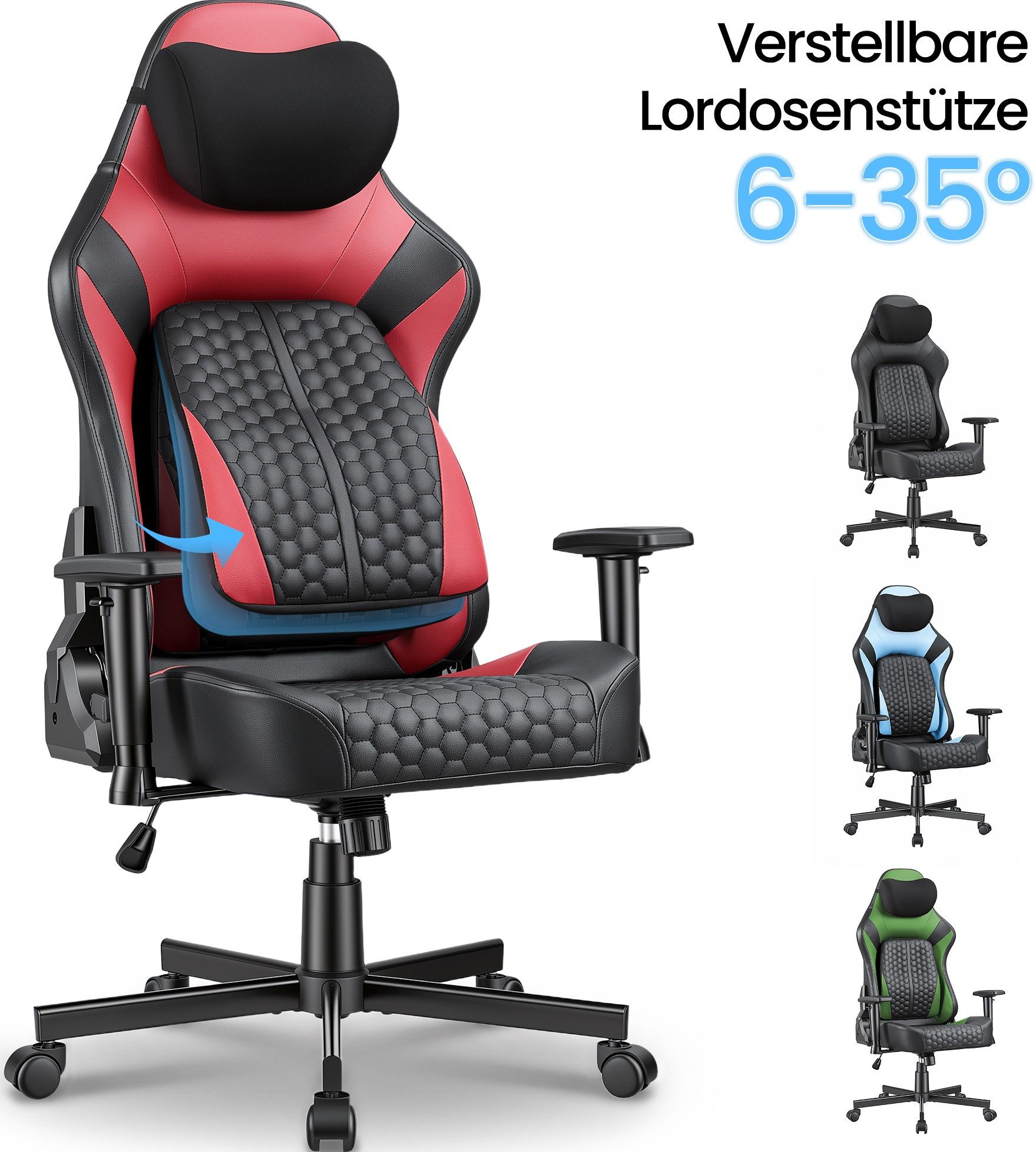 HOMALL Gaming-Stuhl gaming stuhl,mit verstellbarer Lendenstütze 6°-35°, 2D-Armlehnen,Rückenlehne 90°-135° verstellbar,150kg Belastbarkeit