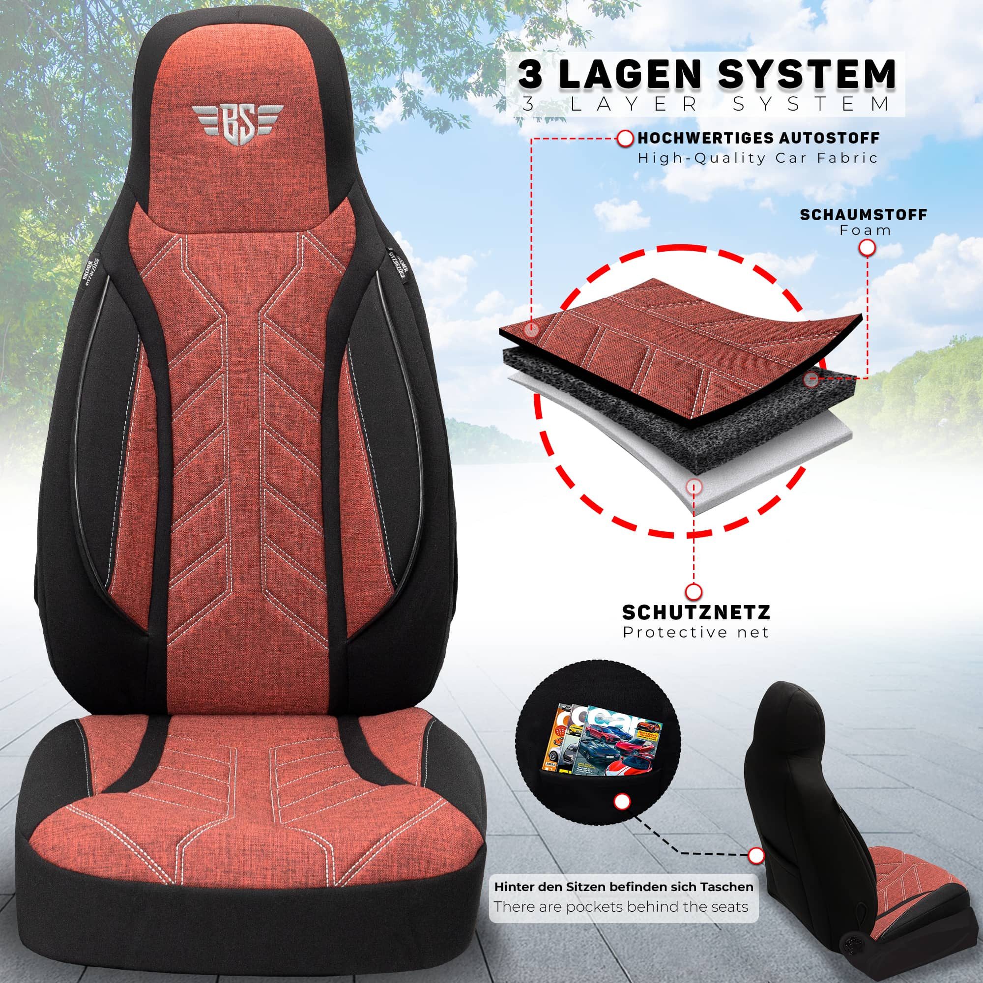 BREMER SITZBEZÜGE Autositzbezug für für Adria Twin Axess Supreme Plus Sports (PLKT202), Set, Schonbezüge Sitzbezüge Fahrer und Beifahrer, in Schwarz/Rot