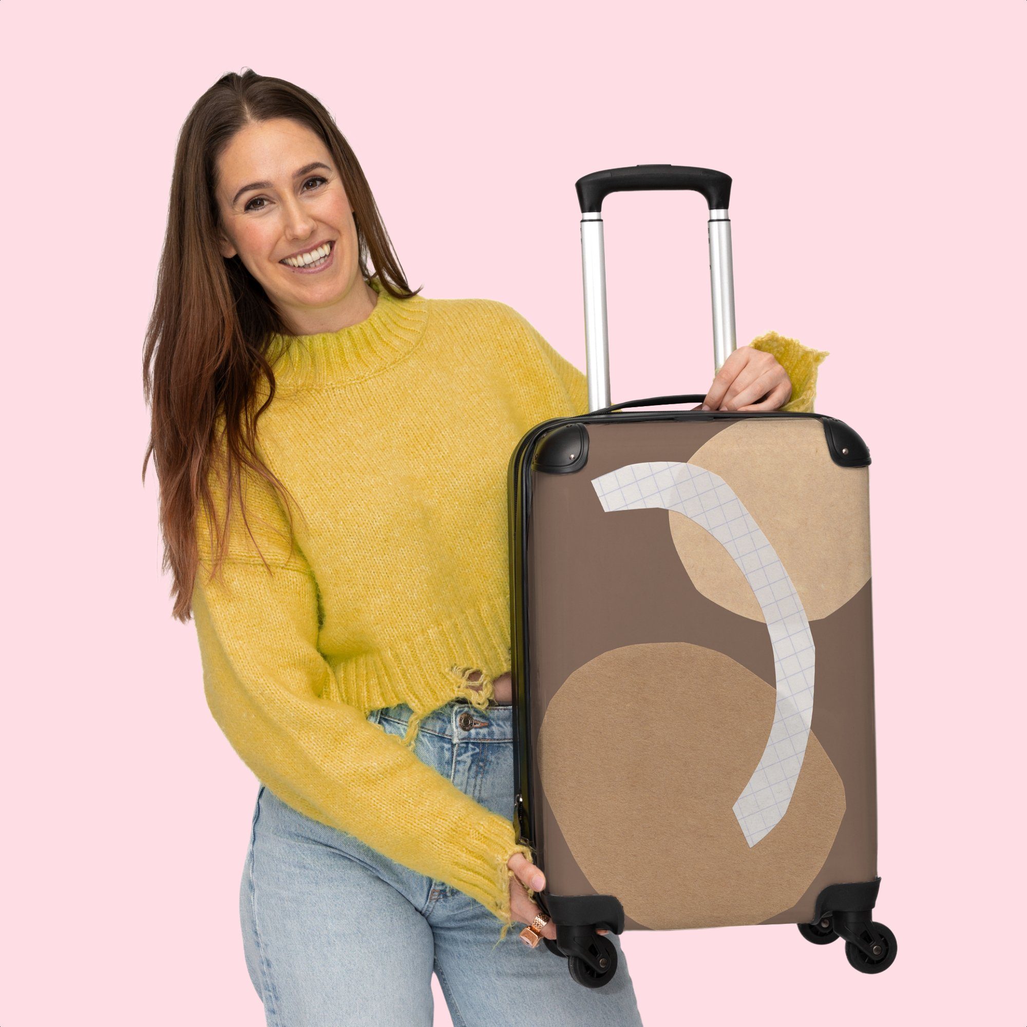 NoBoringSuitcases.com© Handgepäckkoffer 55x35x20cm Formen - Rollen 4 Rollkoffer Handgepäck Trolley mit 4 - - Braun, - Abstrakt Rollen, Cabin - Pastell Reisekoffer Kleine Quadrate