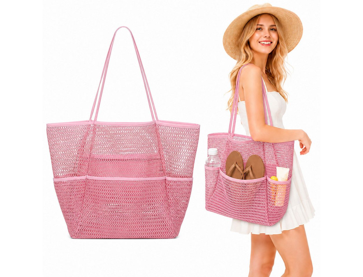 nsihing Strandtasche Strandtasche Damen Mesh, Große Faltbare Beach Tote mit Mini Fach, Leicht, Sandfest für Pool, Urlaub, Reise & Kreuzfahrt