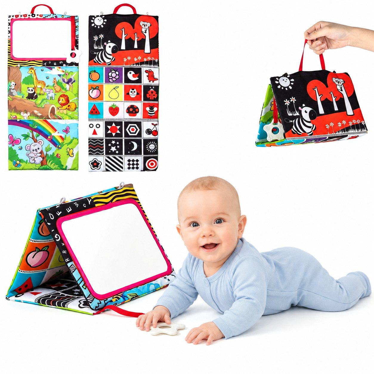 Auney Lernspielzeug Lernspielzeug Baby Bauchlage Spiegel faltbar kontrastreich Sensorik (Kontrastmotive faltbar Beißring Baby Spiegel Sensorikspielzeug Stoff, Baby Sensorikspielzeug faltbarer Bauchlage Spiegel mit Beißring Set), Faltbares Spielzeug mit Be