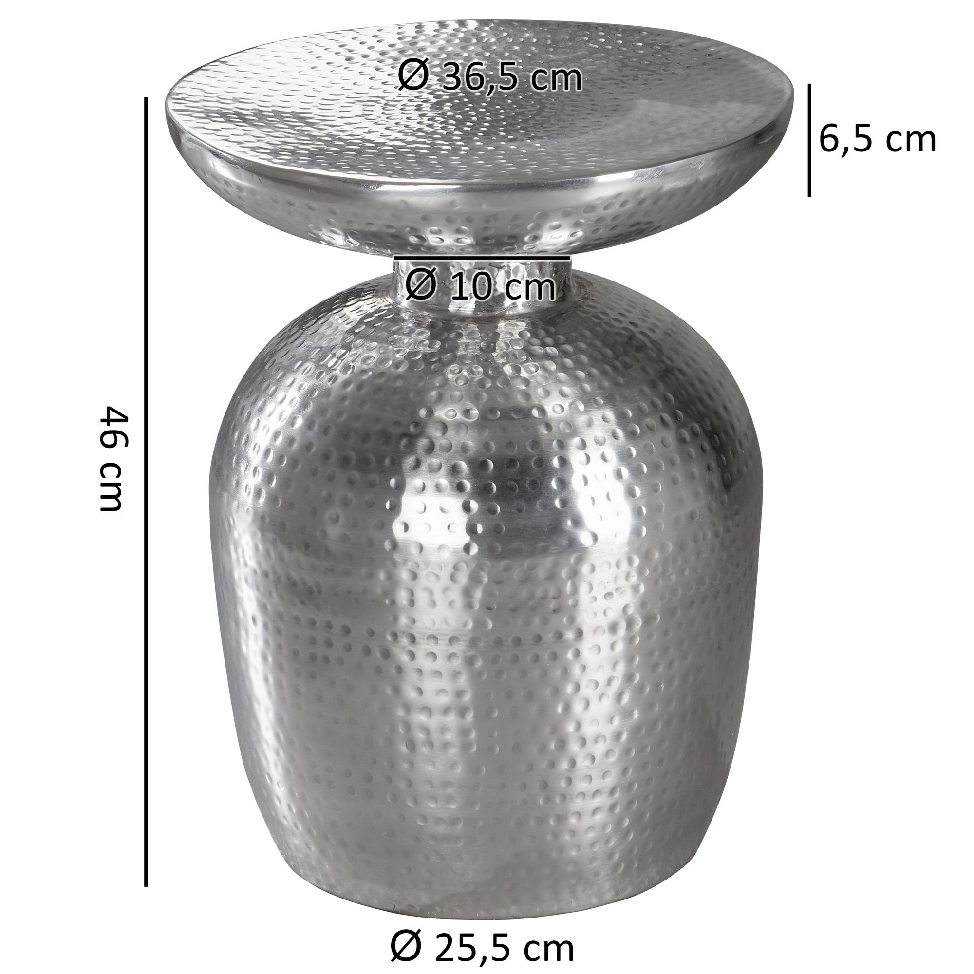 FINEBUY Beistelltisch SuVa12209_1 (36,5x46x36,5 cm Aluminium Kleiner Wohnzimmertisch, Orientalisch Silber Silber | Hammerschlag | Sofatisch Rund), Silber Silber