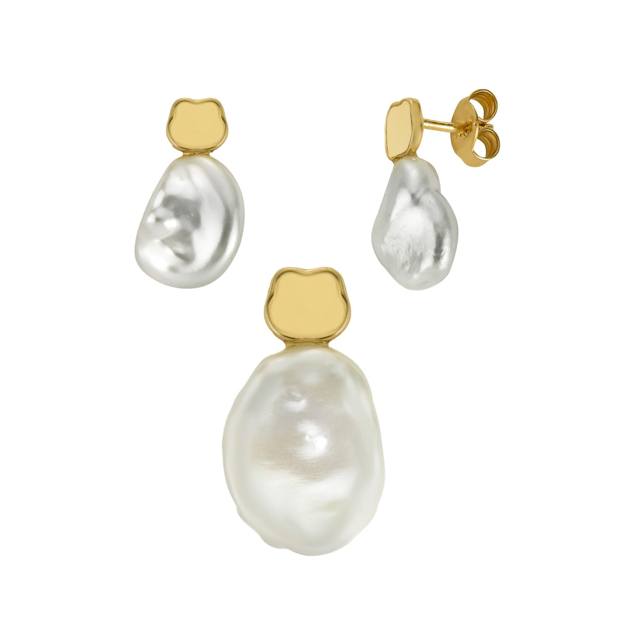 JEVELION Schmuckset Keshi Perle mit Kleeblatt Anhänger 2 Ohrstecker 585 Gold perle weiß (Goldanhänger + Gold-Ohrschmuck, für Damen und Mädchen), Mit Kette vergoldet- Länge wählbar 36 - 70 cm oder ohne Kette.