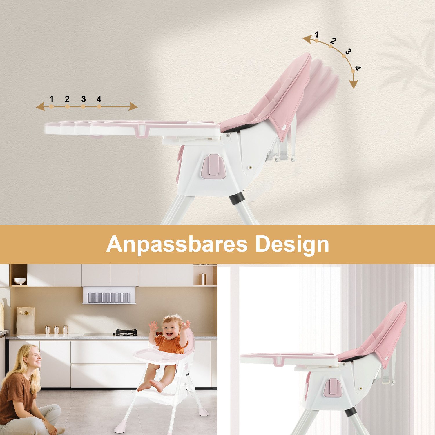 oyajia Kinderstuhl 3-in-1 Kinderstuhl, Kombistuhl, Babystuhl, 7-stufig höhenverstellbar (Verstellbare Kinderstuhl wächst mit Ihrem Kind von 6 Monaten bis 5 Jahren), Babystuhl mit Tablett und 5-Punkt-Gurt, Fußstütze, Einfach zu Reinigen