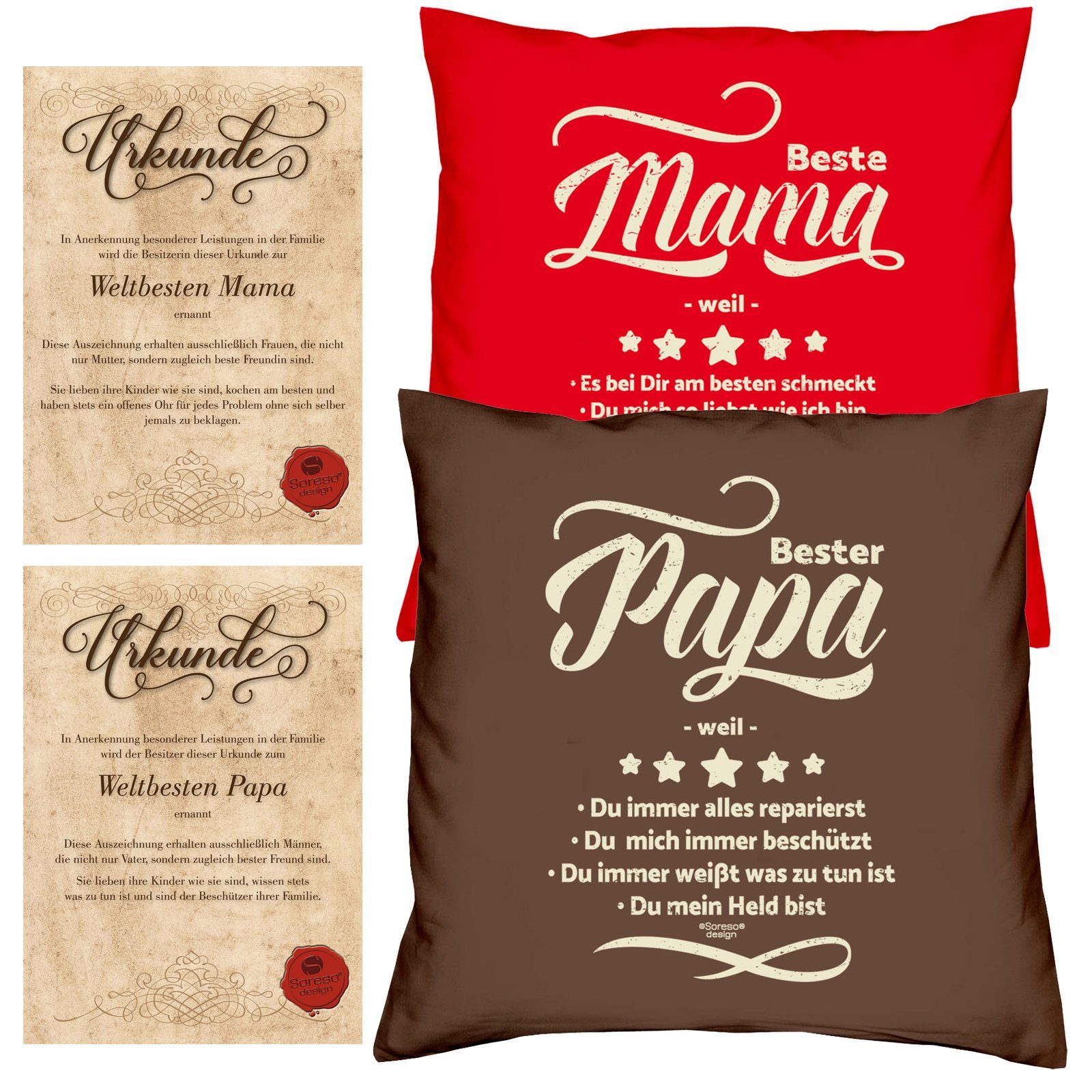 Bester Eltern Soreso® mit Urkunden, Papa rot Beste Kissen-Set weil für Weihnachtsgeschenk Mama weil Dekokissen