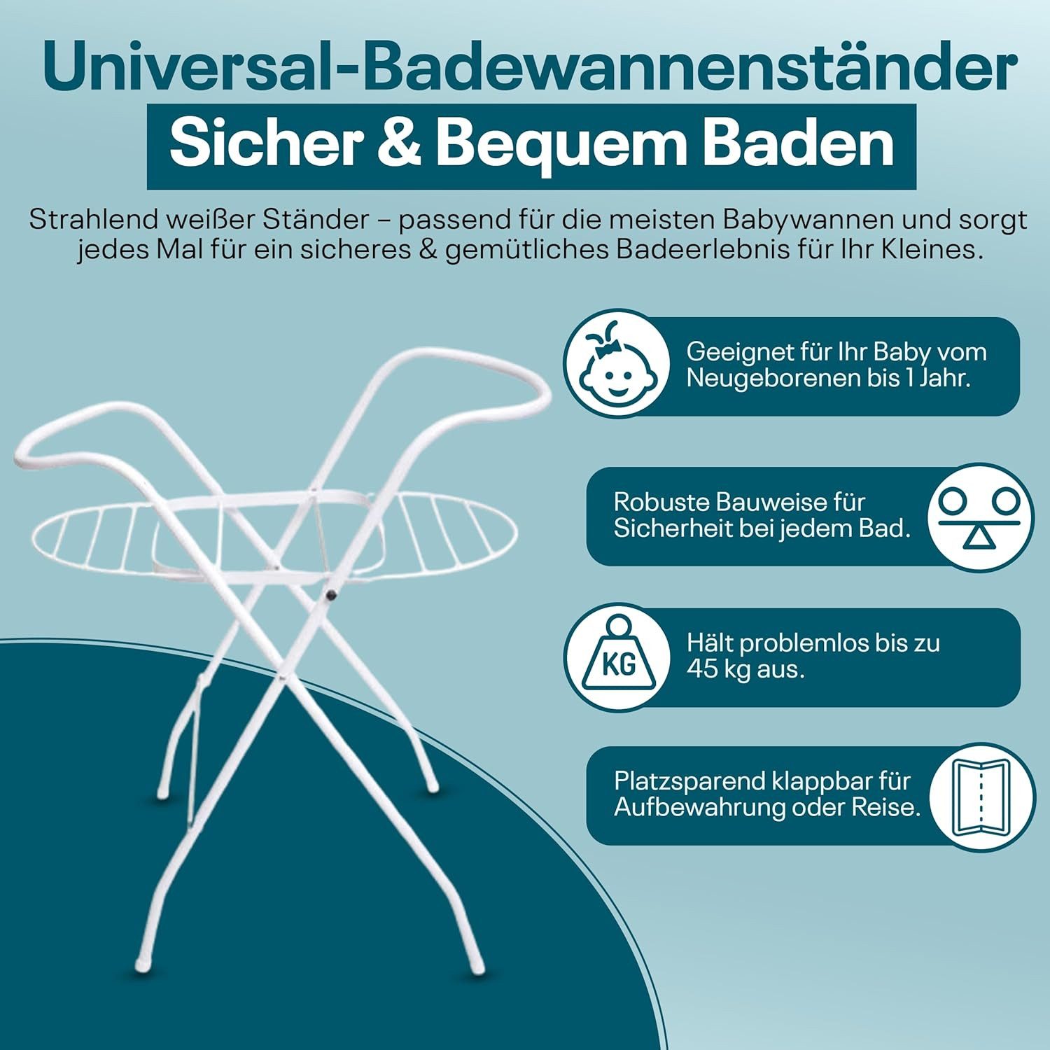 Best for Kids Babybadewanne Universeller Badewannenständer 84 cm – Sicherer, faltbarer Badeständer, (Einzelteil, 1-tlg), Rückenschonendes Design, stabiler Stahlrahmen
