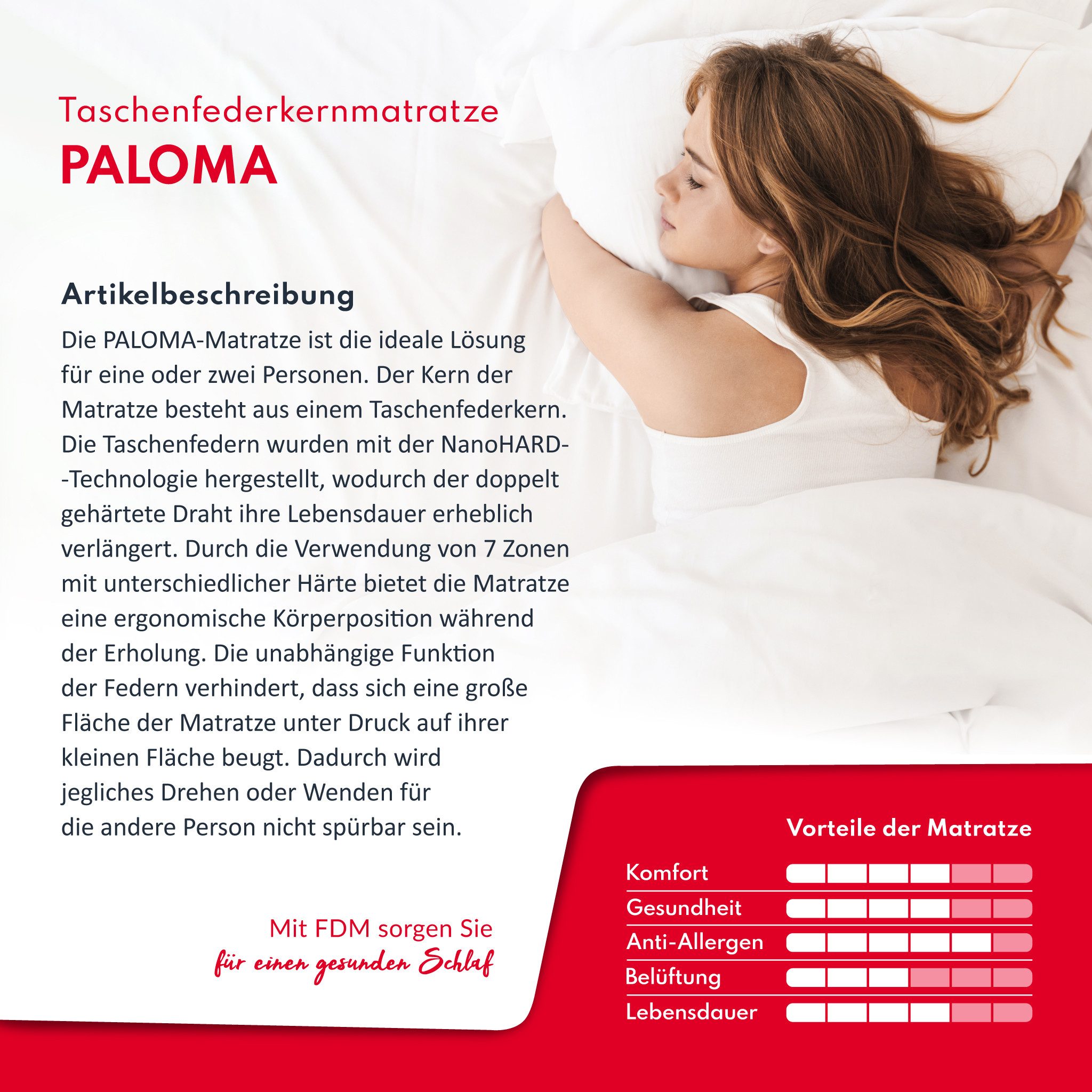 Taschenfederkernmatratze PALOMA Matratze 90x200, 140x200, 180x200 cm & weitere Größen, FDM, 22 cm hoch, (Allergiker geeignet), 7 Zonen – Bild 4 von 5