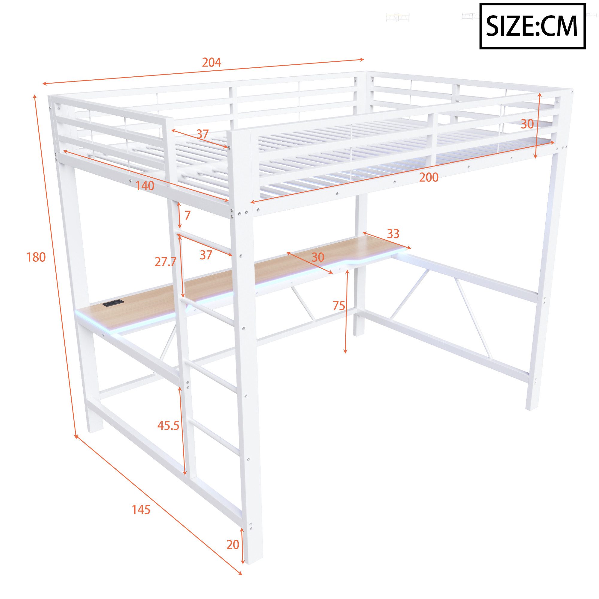 Flieks Hochbett Gamingbett Metallbett 140x200cm mit Schreibtisch und Ladefunktion