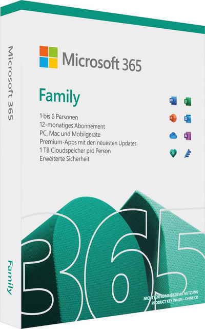 Microsoft 365 Family f. bis zu 6 Personen, Premium-Office-Apps, 6 TB OneDrive Cloudspeicher, 12 Monate, Product Key in Box (Officeprogramm, Lizenzschlüssel)