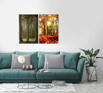 Sinus Art Leinwandbild 2 Bilder je 60x90cm Herbst Laub Wald Sonnenstrahlen warmes Licht Friedlich Entspannend