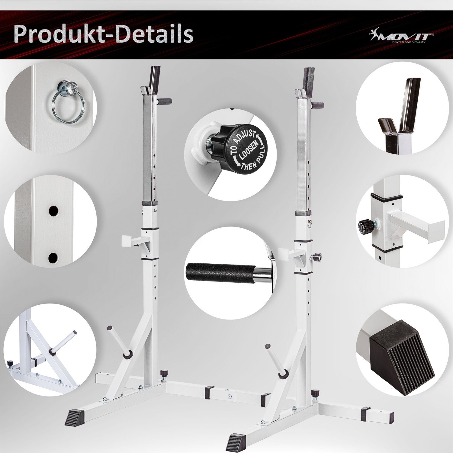 Heim-Trainingsgerät Hantel-Ständer Home-Gym Rack Dip-Station, Weiß Squat MOVIT® MOVIT Kraftstation BASIC Langhantel-Ablage mit