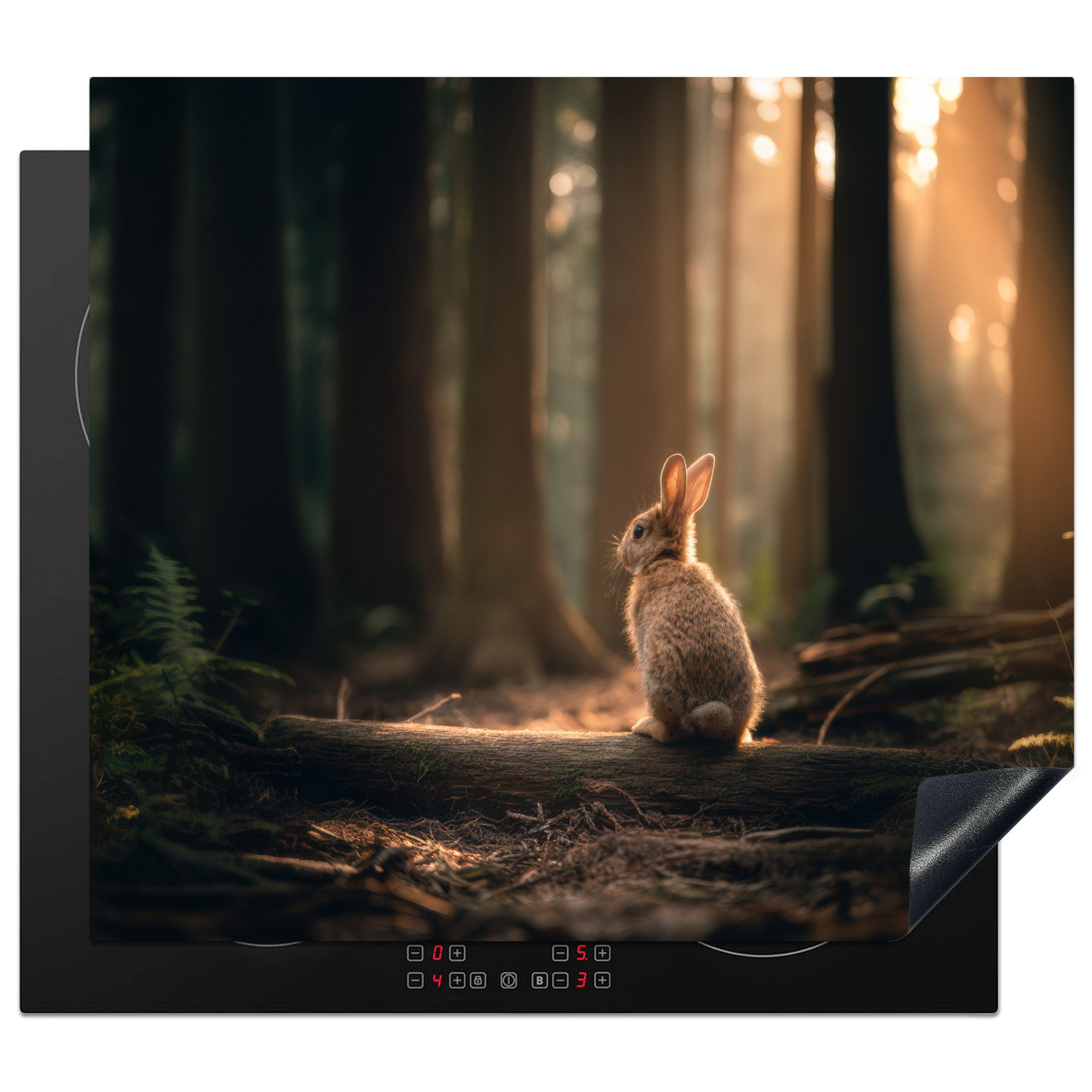 MuchoWow Herd-Abdeckplatte Kaninchen - Wald - Sonnenstrahlen, Vinyl, (1 tlg), Ceranfeldabdeckung Küche, Herdabdeckplatte Einteilig, 59x51 cm