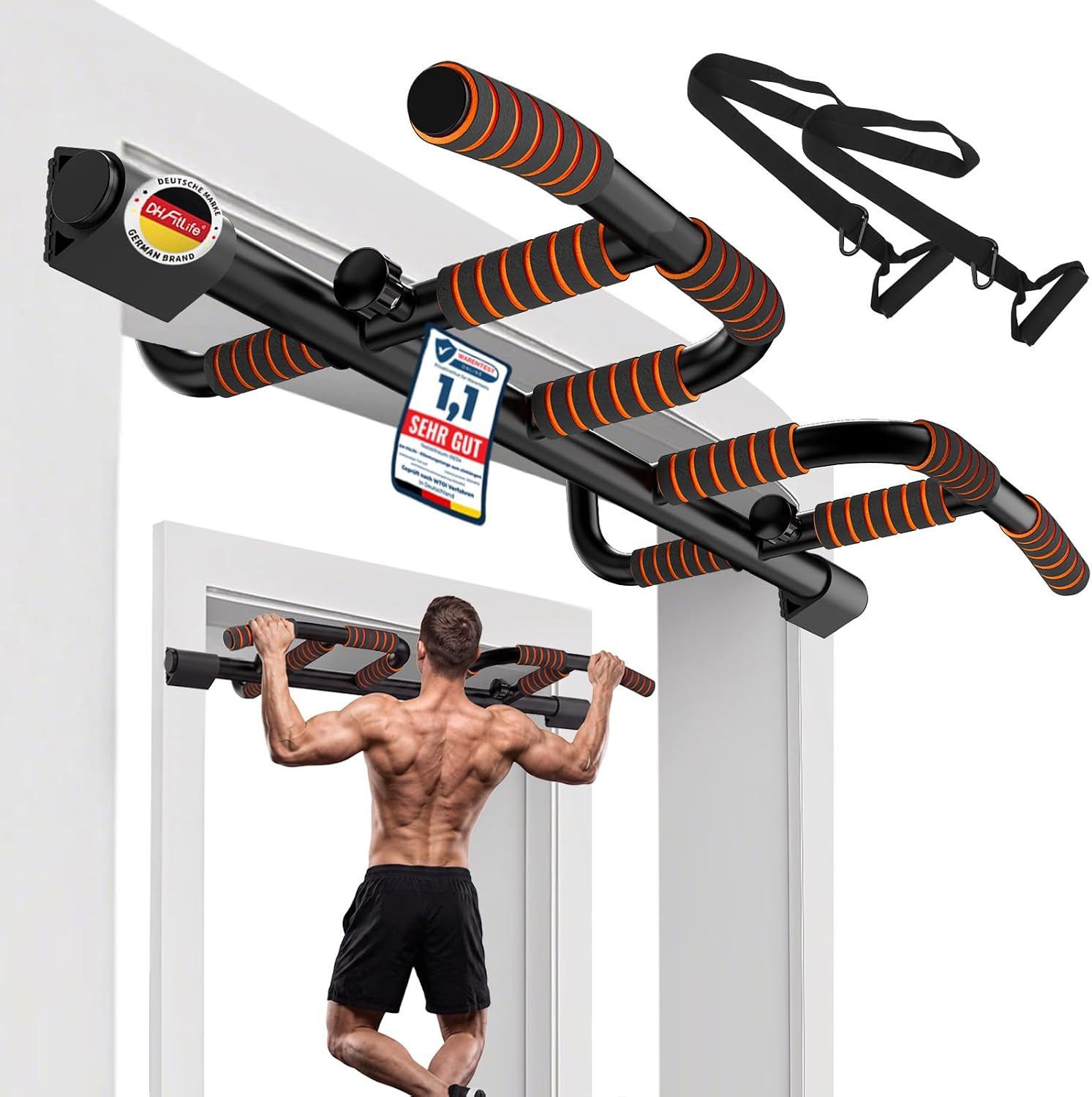 DH FitLife Klimmzugstange Türrahmen ohne Schrauben kein Abrutschen (für Türrahmen 65-92cm, mit Multigriff-Positionen), Reckstange Turnstange Türreck zum Einhängen