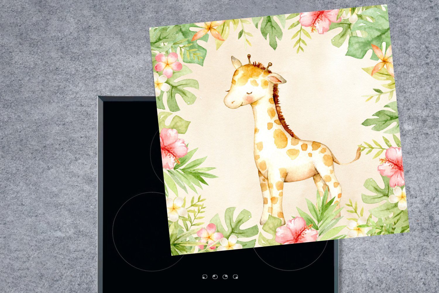 MuchoWow Herdblende-/Abdeckplatte Giraffe (1 cm, tlg), Vinyl, Arbeitsplatte - Ceranfeldabdeckung, küche - Aquarell, für 78x78 Dschungel