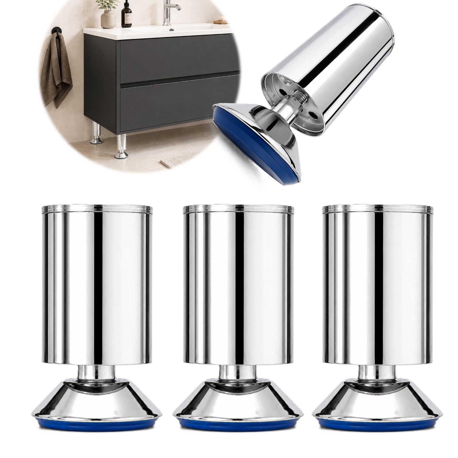 HOOZ Möbelfuß Verchromter Stahl 80mm höhenverstellbar 4er Set konischer Standfuß, (Set, 4-St., 4er-Set Möbelbeine), Höhenverstellbar bis 15 mm mit integriertem Bodenschutz