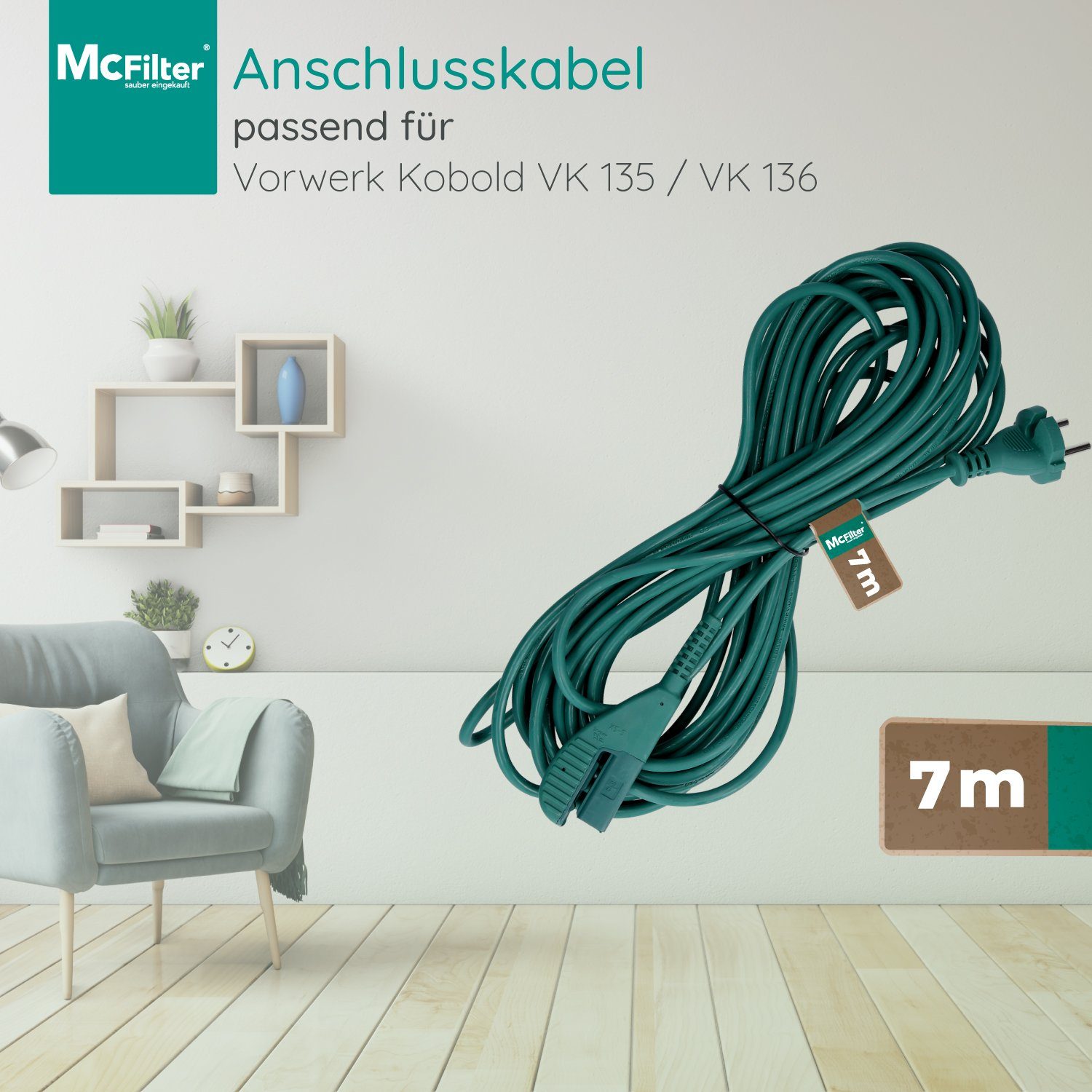 cm), Stromkabel, Kabel VK 136 passend McFilter Staubsauger Typ Kabel 135, Kobold (Konturenstecker), VK EF Vorwerk für (700