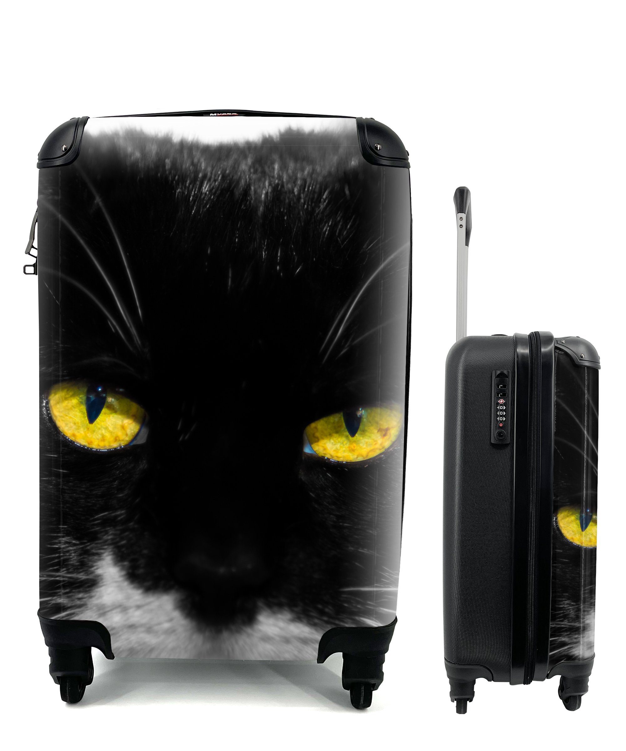 MuchoWow Handgepäckkoffer Schwarz-Weiß-Foto des Kopfes einer schwarzen Katze mit gelben Augen, 4 Rollen, Reisetasche mit rollen, Handgepäck für Ferien, Trolley, Reisekoffer