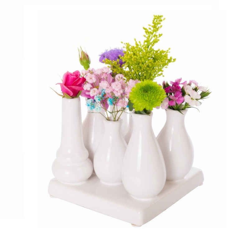 Jinfa Dekovase »Handgefertigte kleine Keramik Deko Blumenvasen« (7 Vasen Set, quadratisch, weiß, Länge: 12 cm x Breite: 12 cm x Höhe 11 cm), verbunden auf auf einem Tablett