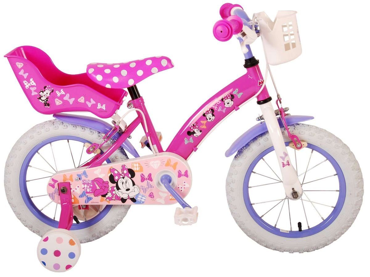 Volare Kinderfahrrad 14 Zoll Fahrrad Kinder Mädchenfahrrad Rad Bike Disney Minnie 21436CHIT, 1 Gang, Puppensitz, Korb, Stützräder | Kinderfahrräder