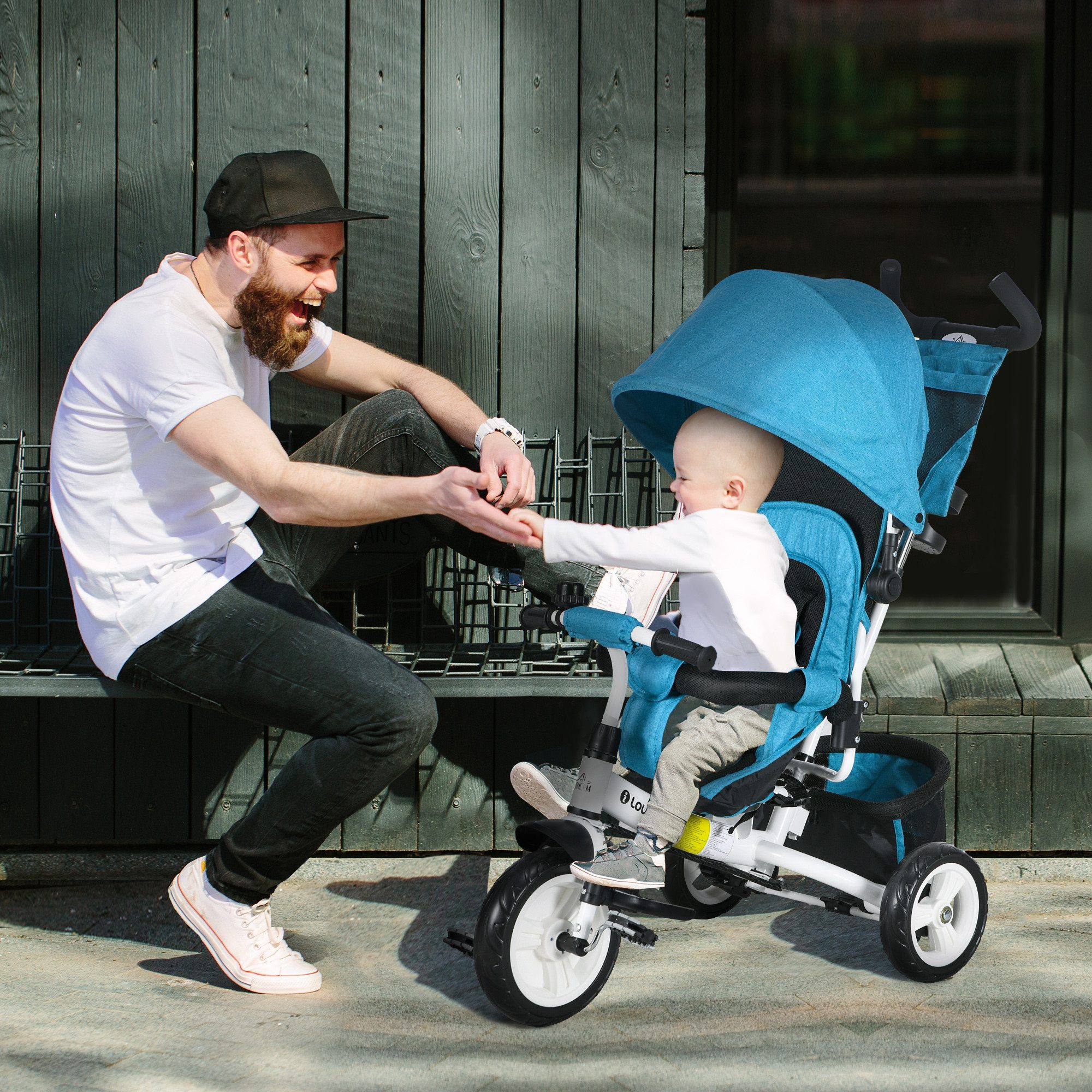 HOMCOM Dreirad 6-in-1-Kinderdreirad für Kinder, Pedal-Schieberad mit Schiebegriff, abnehmbarem Verdeck, 5-Punkt-Sicherheitsgurt