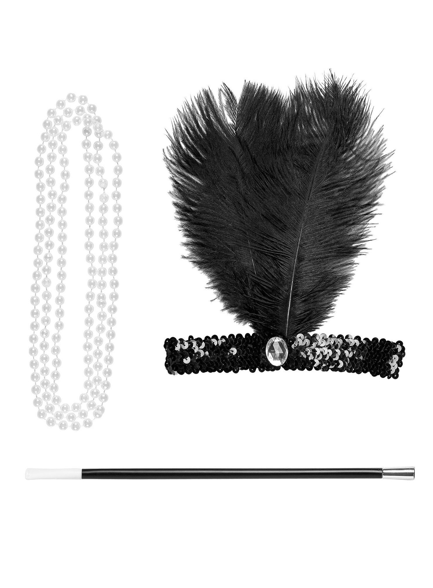 Widdmann Kostüm Charleston Kostüm Accessoire-Set - für Fasching, Haarband, Halskette und Zigarettenhalter für 20er Jahre Flapper