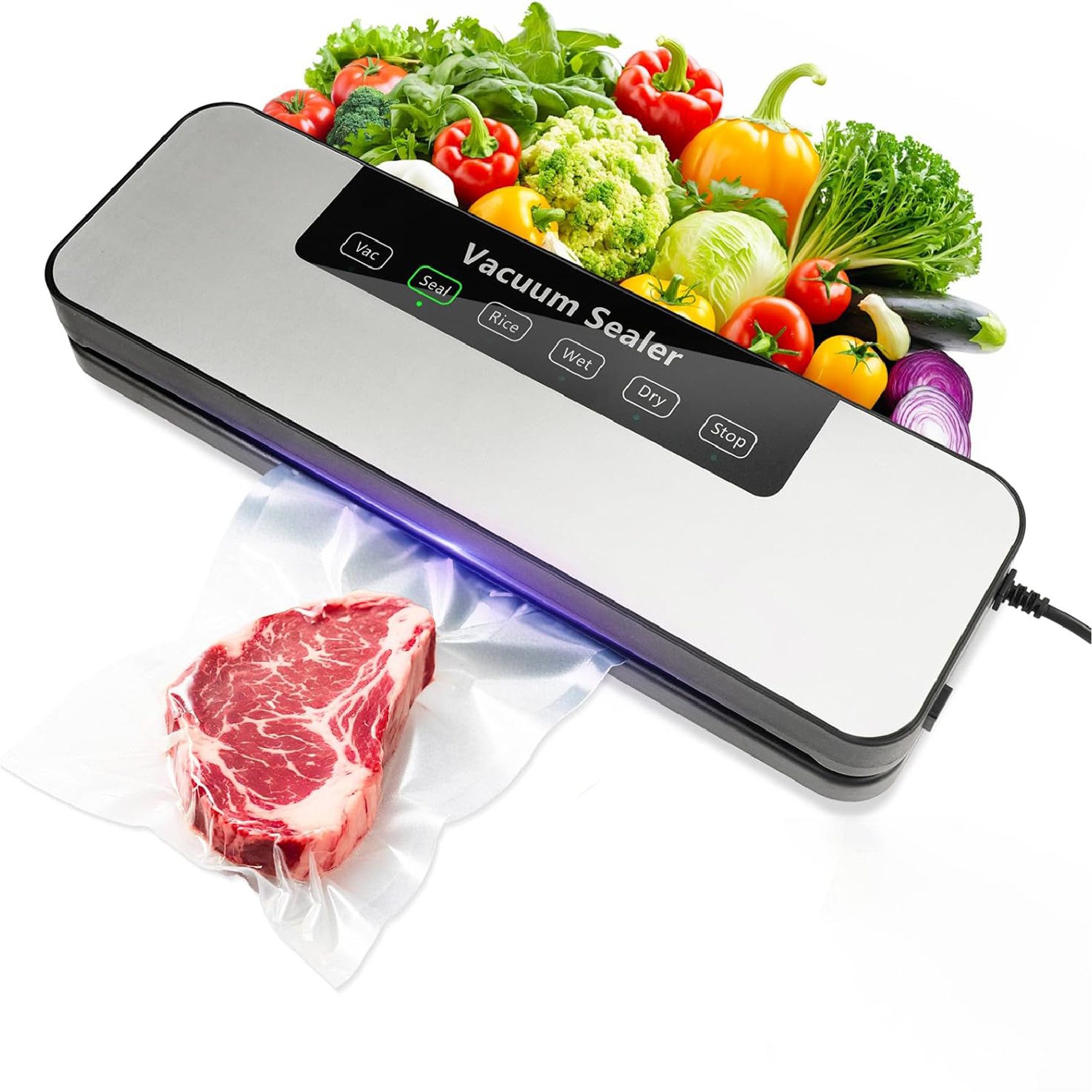 Senmudi Vakuumierer Automatische Vakuumiergerät für Lebensmittel, All-in-1 Vakuumierer, Folienschweißgerät für Fleisch, Fisch, Gemüse, trocken, feucht, frisch