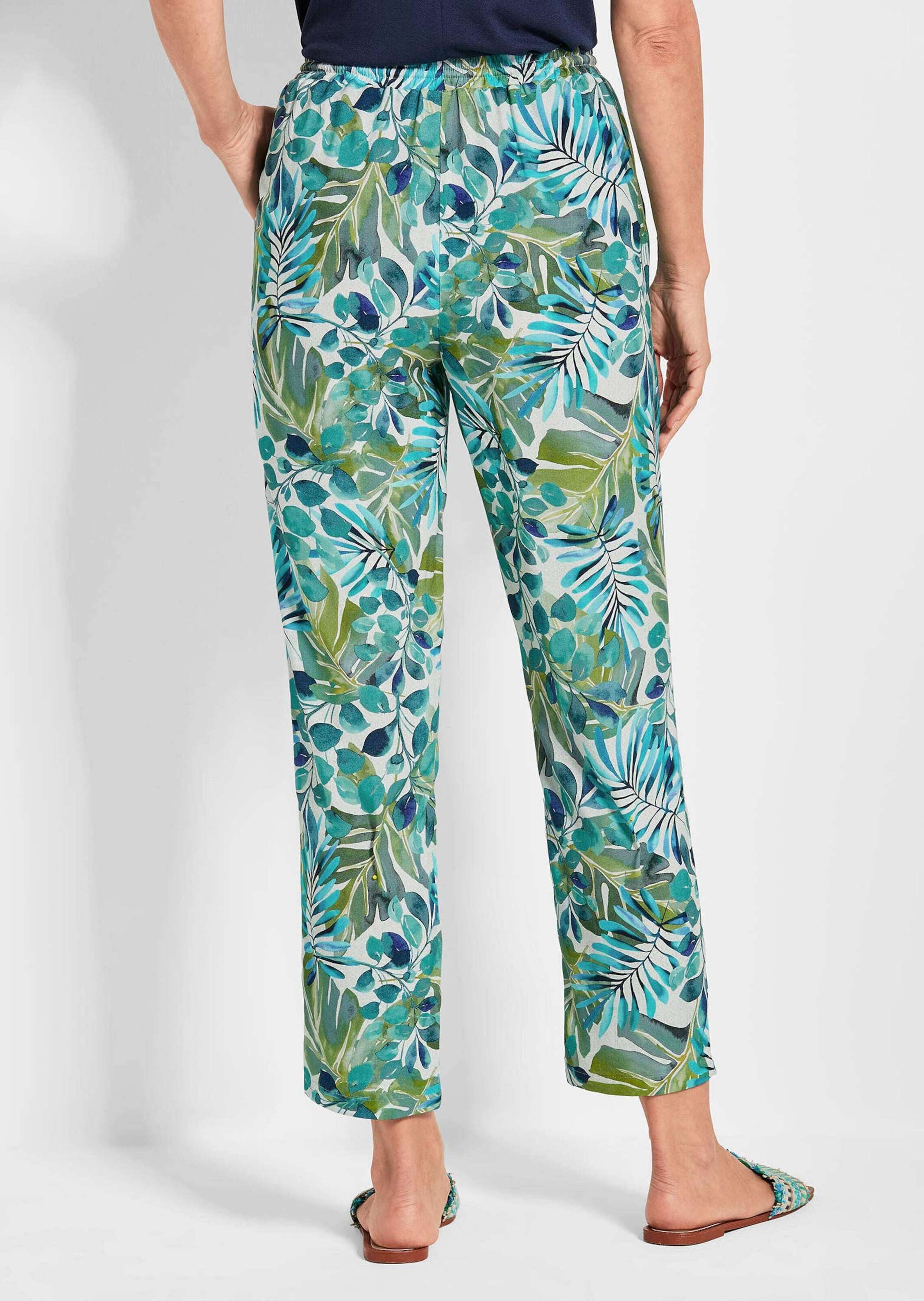 GOLDNER Stoffhose Florale Schlupfhose SARA grün Viskosehose mit Allover-Print, Rundum-Schlupfbund, Eingriffstaschen