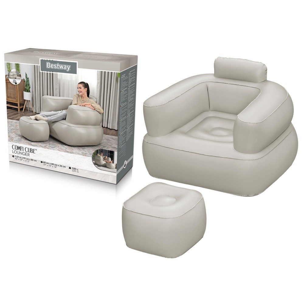 BESTWAY Luftsessel Aufblassessel Loungesessel Relaxsessel, (Spar-Set, 1-tlg., 107 x 99 x 80 cm beflockt), Beflockte Oberfläche, inkl. Hocker, bis 100 kg