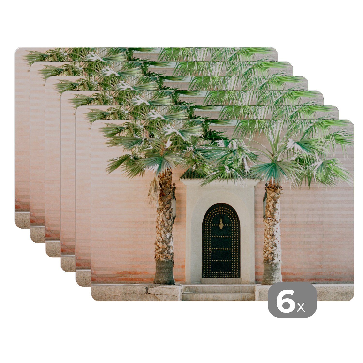 Platzset, Tür - Marrakesch - Palme - Weiß - Tropisch, MuchoWow, (6-St), Platzset, Platzdecken, Platzmatte, Tischmatten, Schmutzabweisend