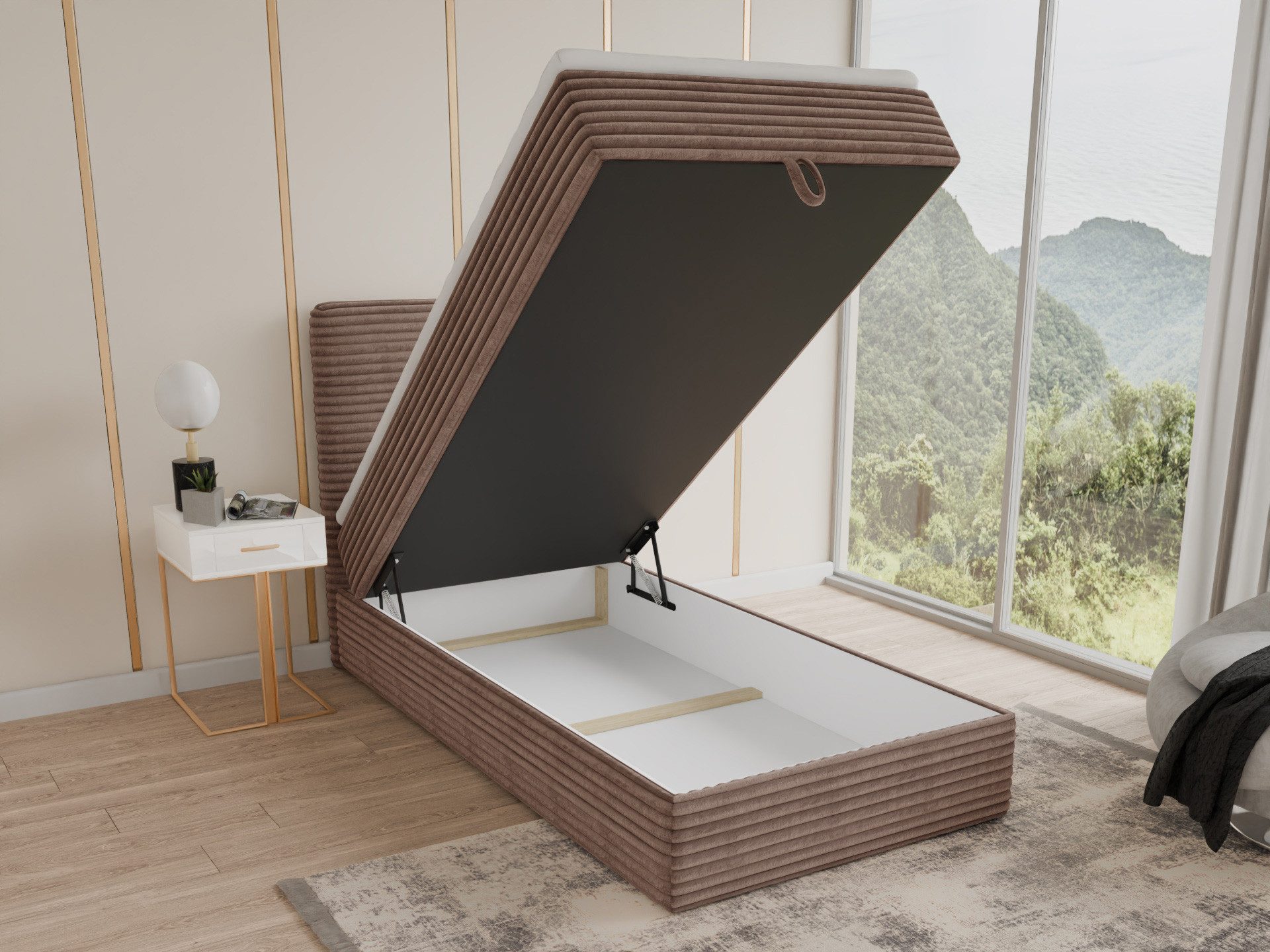 Sofnet Boxbett Mollo Mini (großer Bettkasten, Bonell-Matratze und Topper), Einzelbett, Polsterbett mit Kopfteil, Boxspringbett, Cordstoff