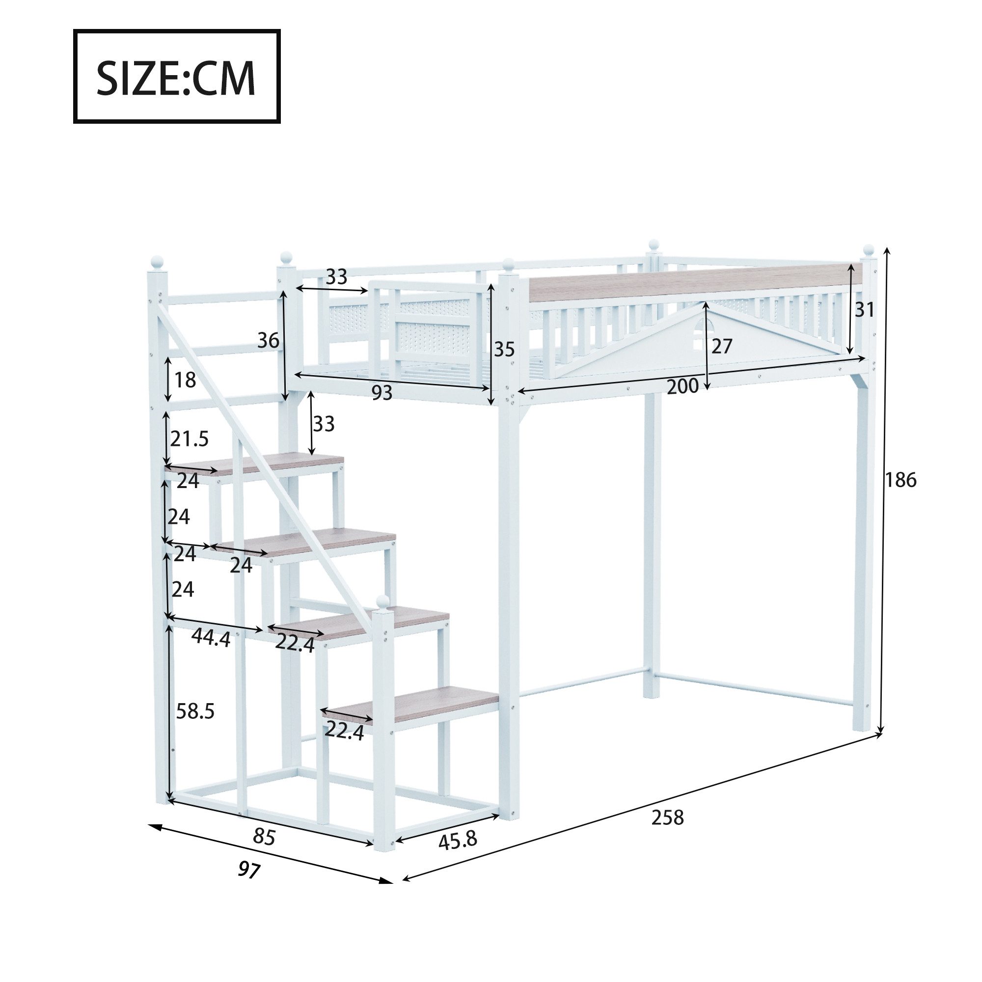 Flieks Hochbett Metallbett Kinderbett 90x200cm mit Treppe und Sicherheitsza günstig online kaufen