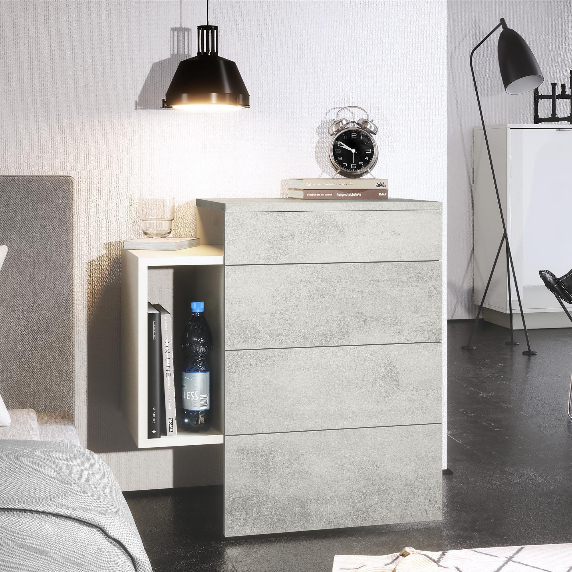 Vladon Nachttisch Queens (Nachttischschrank mit 2 Schubladen, und 1 seitlichem Fach zur Wandmontage), Weiß matt/Beton Oxid Optik (60 x 63 x 36 cm)