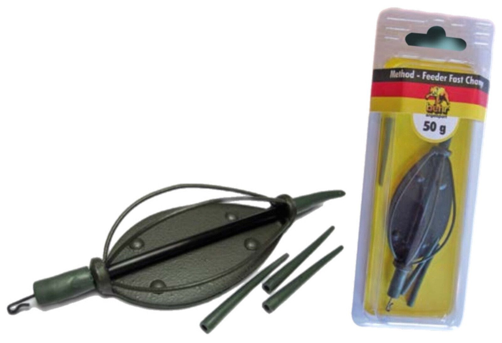 Behr Feederkorb A-Method Feeder mit Fast-Change Wirbel 20g Futterkorb Angeln, (1-St. Komplett Set), Mit Fast-Change Wirbel und Anti-Tangle Sleeves