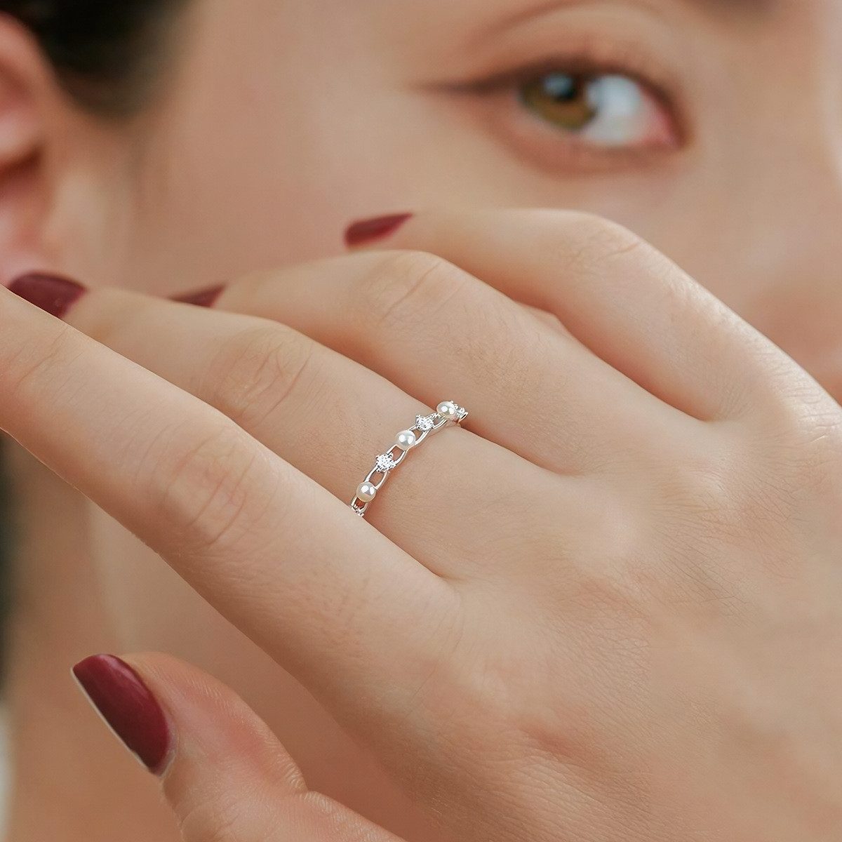 The Beauty House Fingerring Damen silberfarbiger Vintage Ring mit Perlen und Zirkonia
